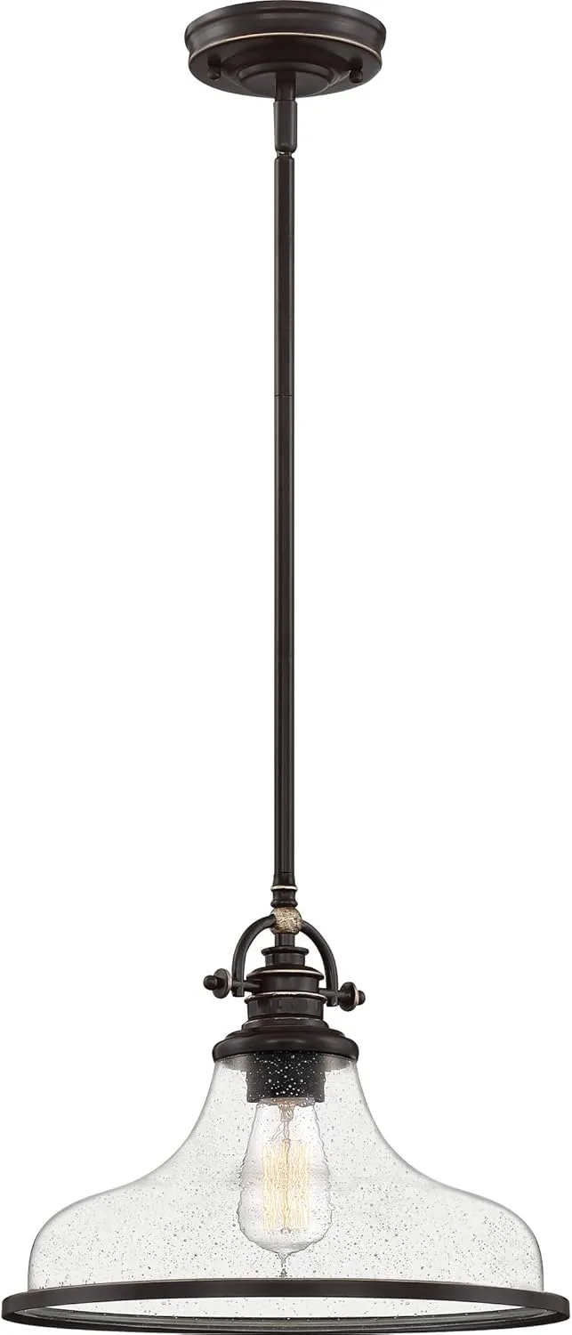 Quoizel Grant Pendant Lighting, 14 Inch 1-Light Palladian Bronze Clear Seeded Glass Pendant Light, Hanging Ceiling Light for Kitchen Island, Dining Room, Hallway, Bedroom, Bar, Cafe or Office
