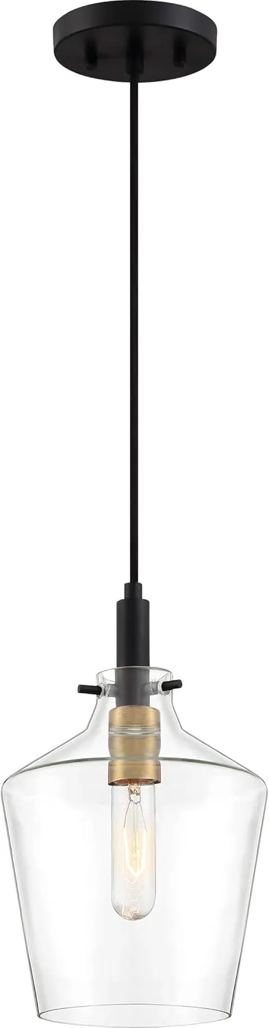 Quoizel June Mini Pendant Light, 8 Inch 1-Light Earth Black Modern Industrial Ceiling Light Fixture, Tapered Glass Pendant Light for Kitchen Island, Dining, Hallway, Bedroom, Restaurant, Bar or Cafe