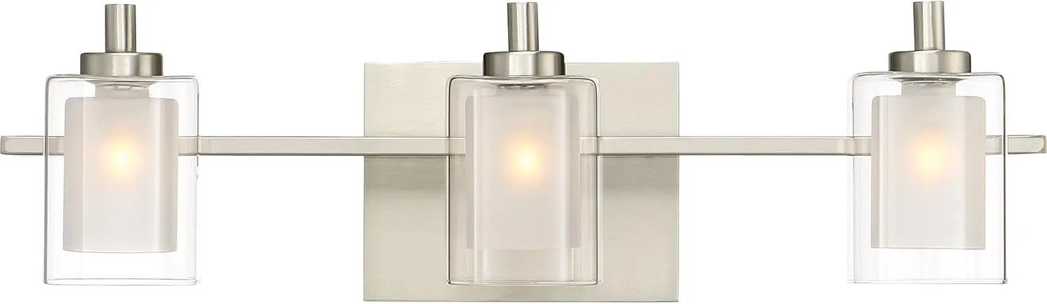 Quoizel Kolt Modern Vanity Lights, 3-Light, 21 Inch Brushed Nickel Bathroom Lighting Fixtures Over Mirror, Sandblasted Inner Glass, 50 W LED Bulb, Wall Mount Light for Bathrooms, Kitchen or Hallway