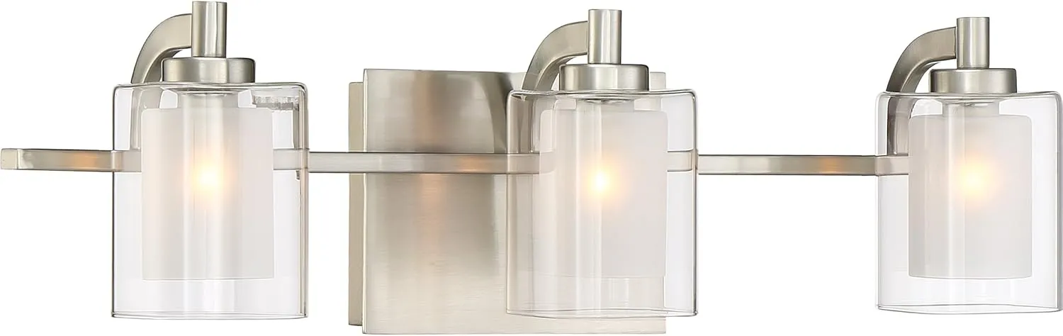 Quoizel Kolt Modern Vanity Lights, 3-Light, 21 Inch Brushed Nickel Bathroom Lighting Fixtures Over Mirror, Sandblasted Inner Glass, 50 W LED Bulb, Wall Mount Light for Bathrooms, Kitchen or Hallway