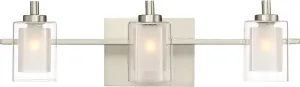 Quoizel Kolt Modern Vanity Lights, 3-Light, 21 Inch Brushed Nickel Bathroom Lighting Fixtures Over Mirror, Sandblasted Inner Glass, 50 W LED Bulb, Wall Mount Light for Bathrooms, Kitchen or Hallway