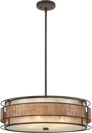 Quoizel Laguna 4-Light Renaissance Copper Pendant Light with Oyster Mica Shade, Floating Mosaic Tile Stripe Ceiling Light, Bohemian Style Hanging Light