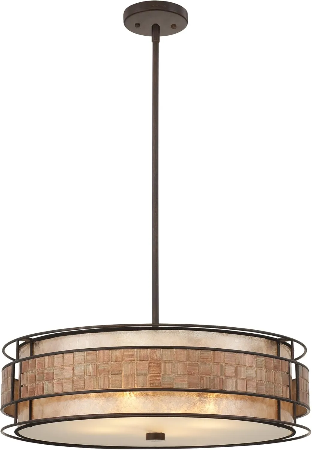 Quoizel Laguna 4-Light Renaissance Copper Pendant Light with Oyster Mica Shade, Floating Mosaic Tile Stripe Ceiling Light, Bohemian Style Hanging Light