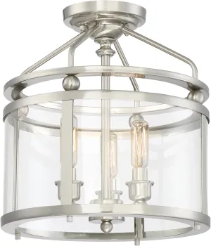 Quoizel Norfolk Semi-Flush Mount Ceiling Light Fixture, 11.875 inch 3-Light Brushed Nickel Hanging Light for Hallway, Kitchen, Bedroom, Dining, Living Room, or Office