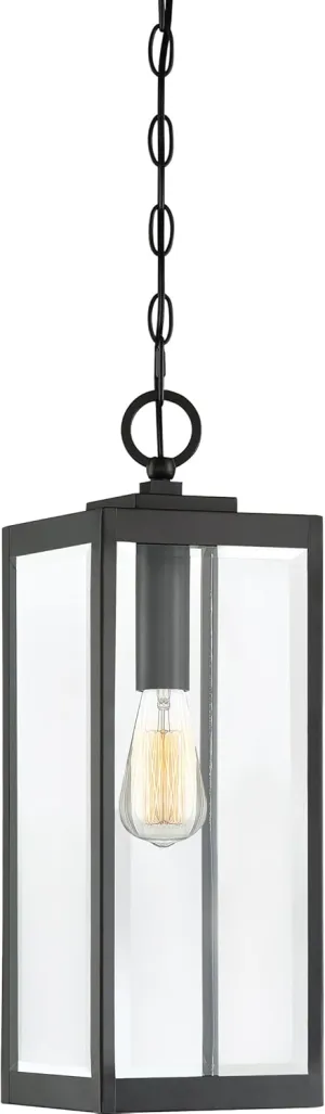 Quoizel Westover Outdoor Hanging Lantern, 21 Inch 1-Light Earth Black Modern Ceiling Mount Light, Clear Beveled Glass, Max Hanging Height 122", Outside Lights for Patio, Porch, Entry or Gazebo