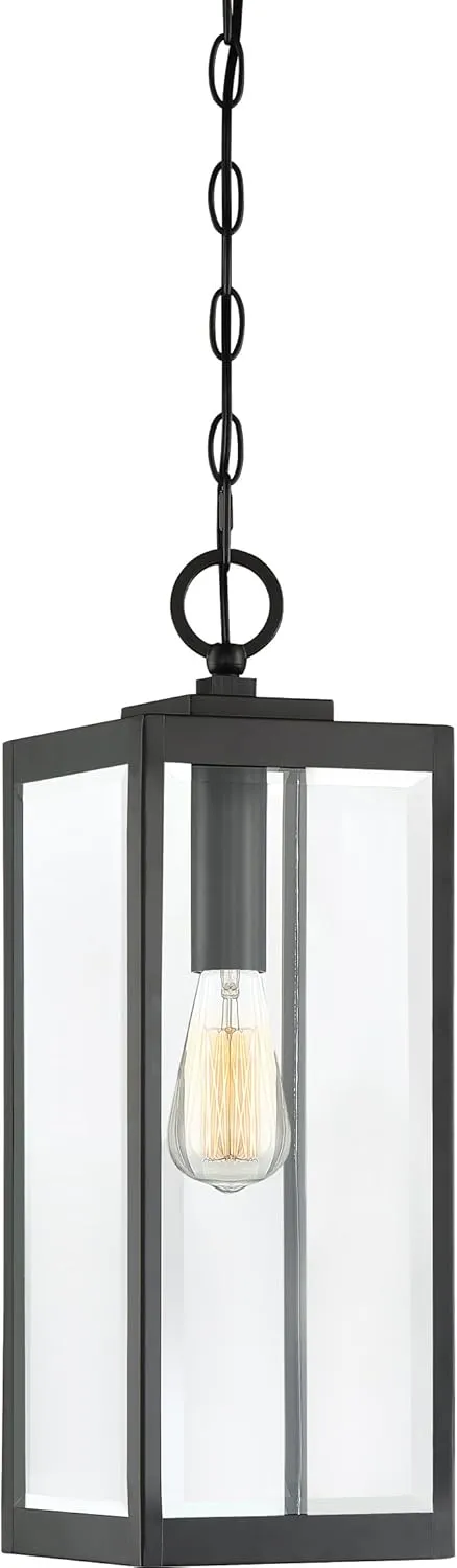Quoizel Westover Outdoor Hanging Lantern, 21 Inch 1-Light Earth Black Modern Ceiling Mount Light, Clear Beveled Glass, Max Hanging Height 122", Outside Lights for Patio, Porch, Entry or Gazebo