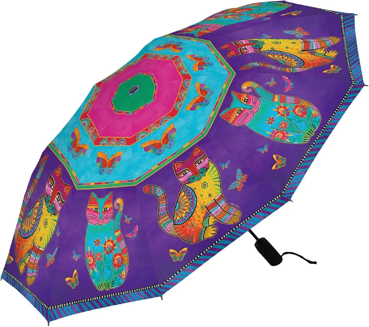 RainCaper Laurel Burch Windproof Auto Open Close 43” Coverage Folding Travel Umbrella with Matching Sleeve