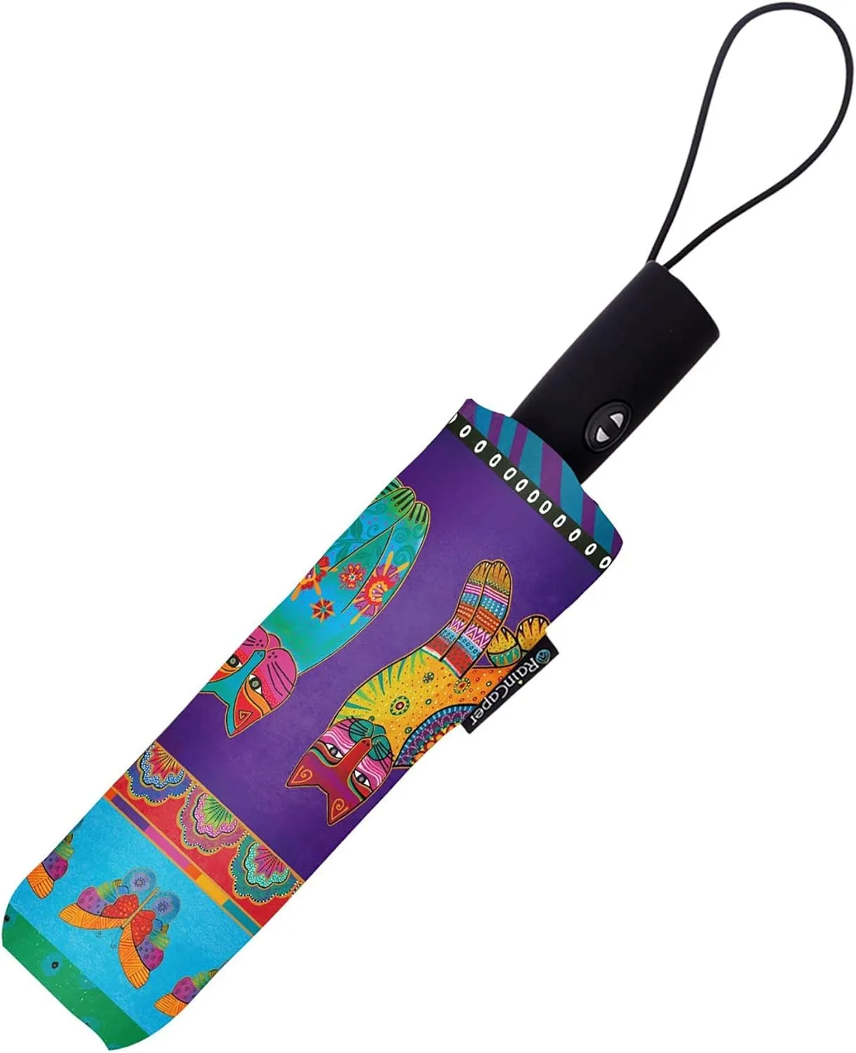 RainCaper Laurel Burch Windproof Auto Open Close 43” Coverage Folding Travel Umbrella with Matching Sleeve