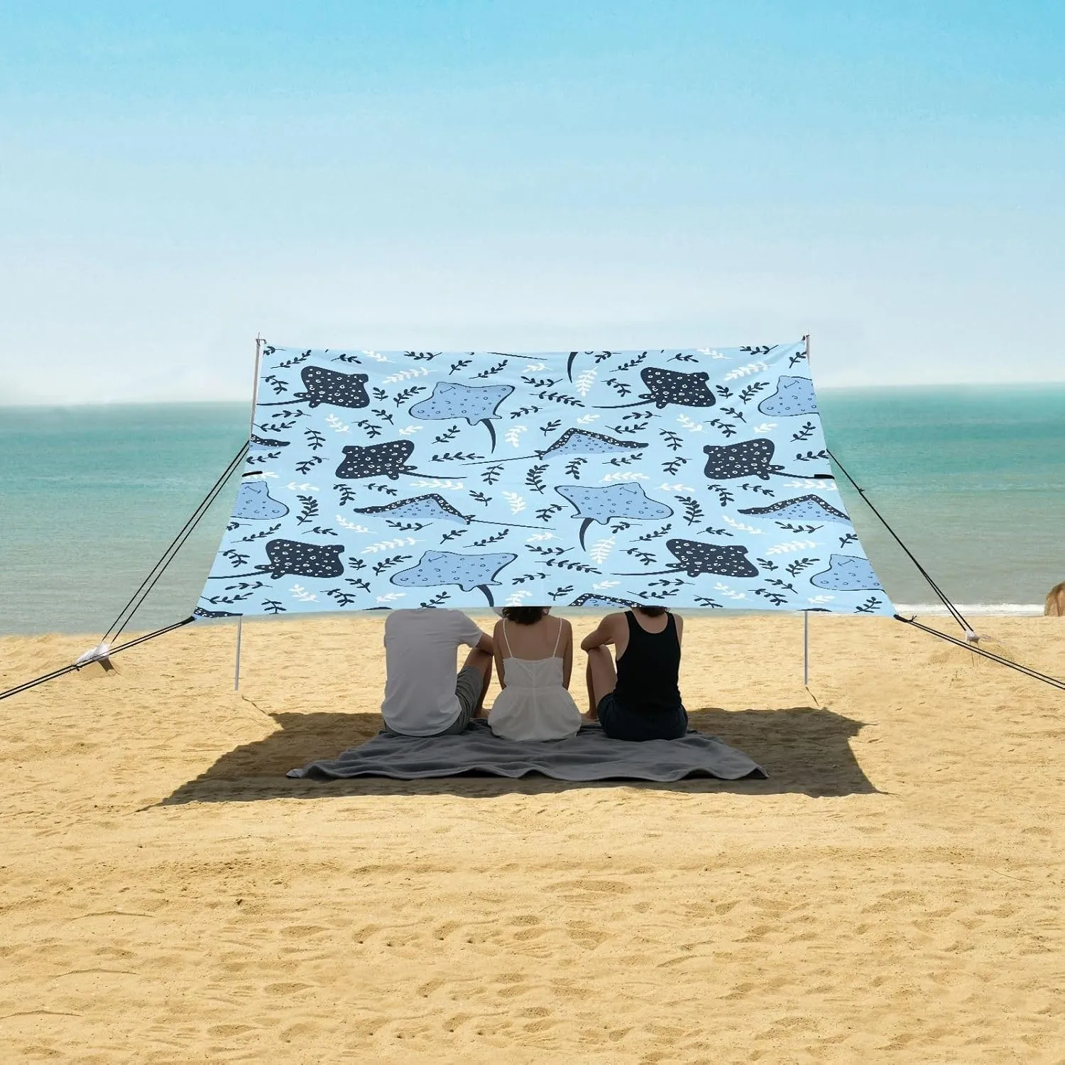 Ray Fish Seamless Pattern Beach Canopy Tent Anti-UV & Wind Resistant, Camping Sun Shelter Easy Setup Portable,Outdoor Shade Tents with Sandbags,Sand Shovels,Ground Pegs & Stability Poles