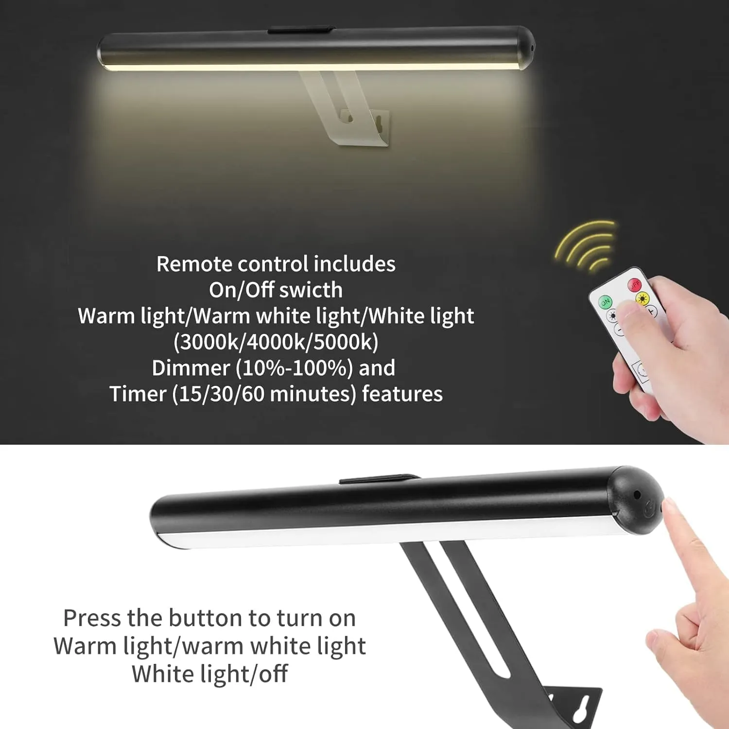 Rechargeable Picture Light, Cordless Picture Light for Paintings with 2 Remotes, Metal Picture Frame Light with 16 LEDs Head, 3Modes, 300LM Dartboard Light with Timer for Art, Black-2Pack