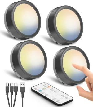 Rechargeable Puck Lights with Remote, 1600mAh Battery Powered Push Lights Stick on Magnetic Tap Light for Closet Wireless LED Kitchen Under Cabinet Lighting Shelf Press Button Light Wall Touch Lamp