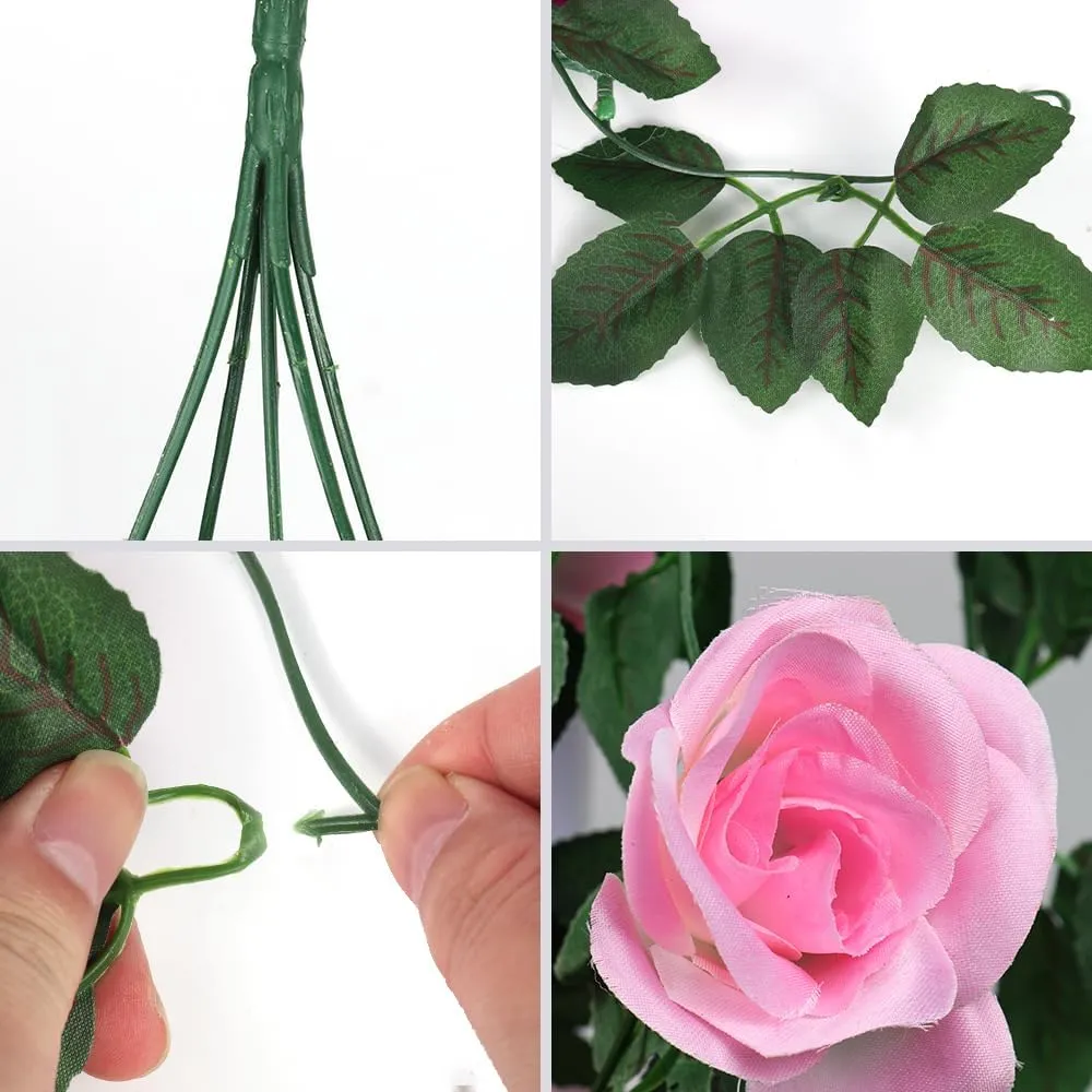 RECUTMS Hanging Flowers Artificial Rose Flower 2PCS 3.3Ft for Outdoors with 30 LED Fairy String Lights Fake Outdoor (Pink)