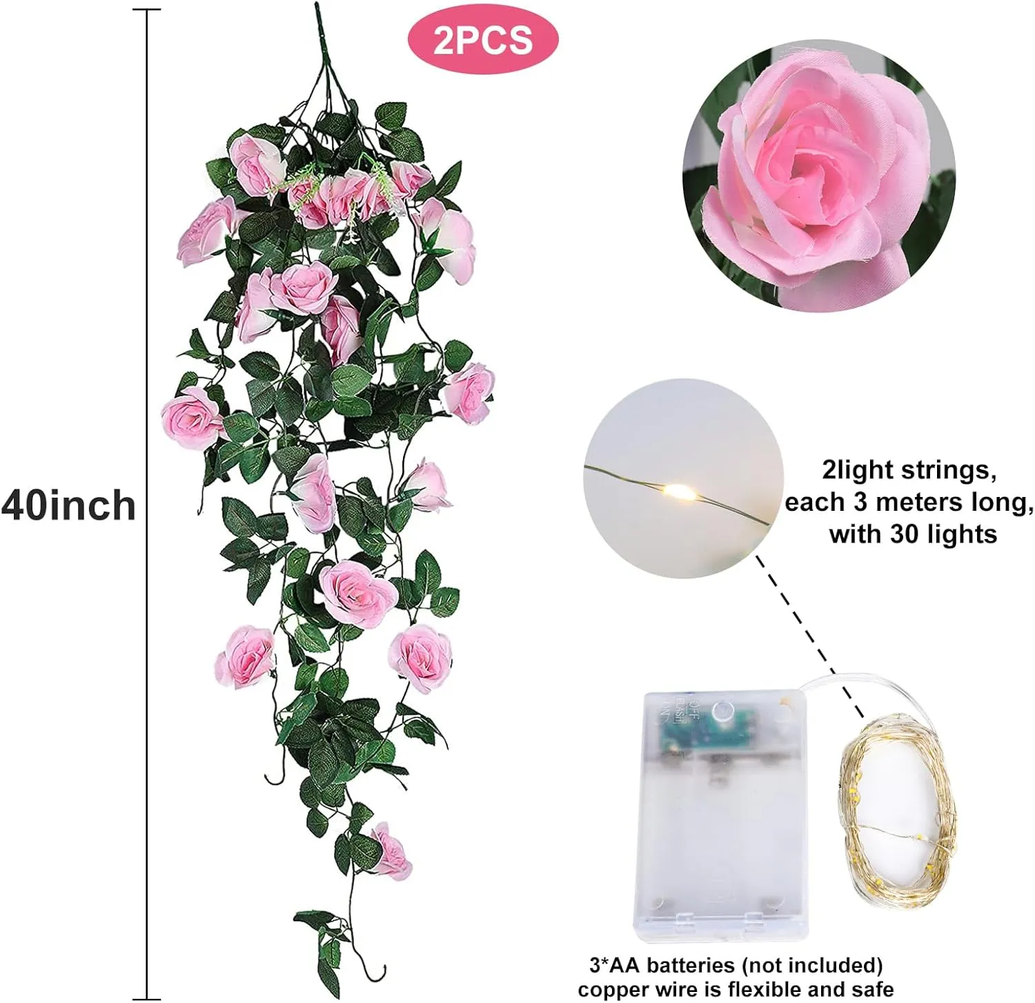 RECUTMS Hanging Flowers Artificial Rose Flower 2PCS 3.3Ft for Outdoors with 30 LED Fairy String Lights Fake Outdoor (Pink)