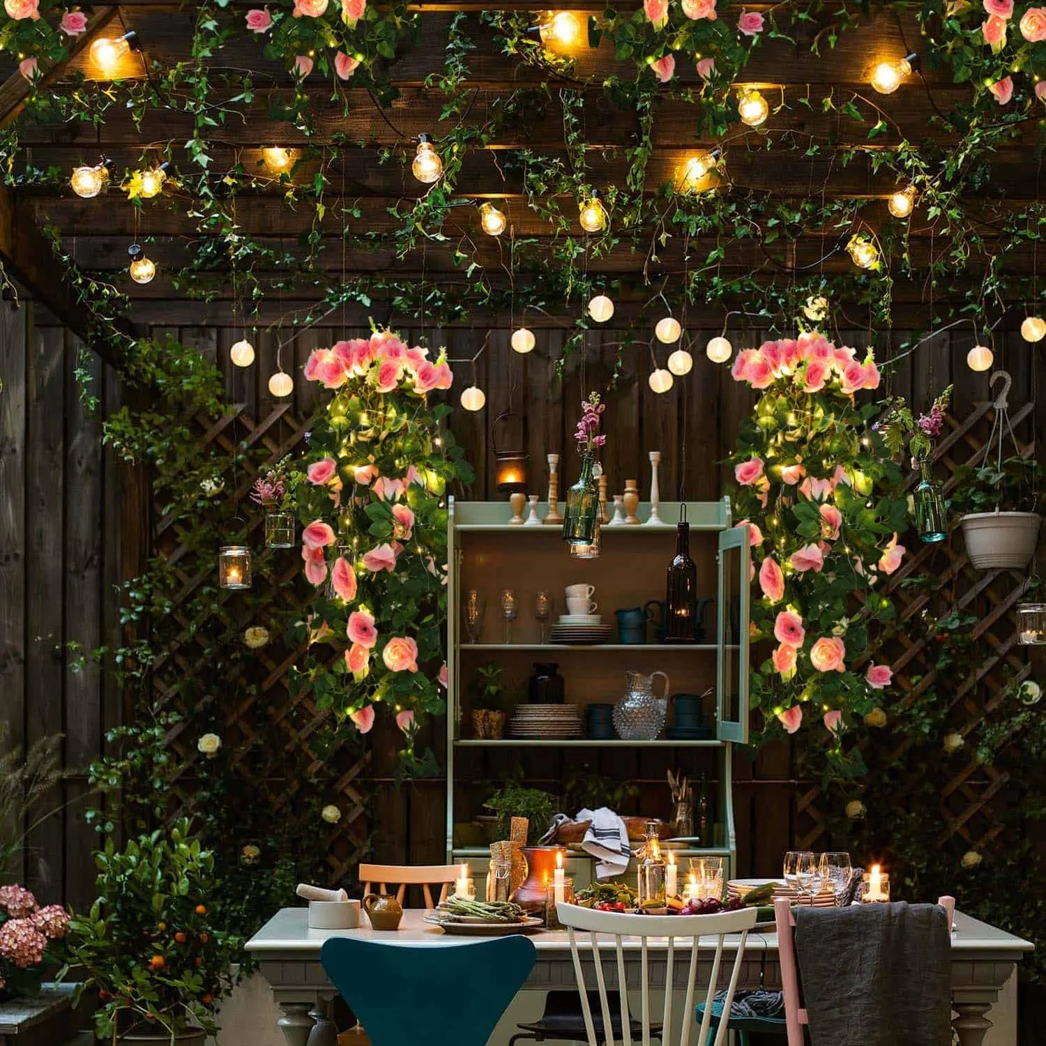 RECUTMS Hanging Flowers Artificial Rose Flower 2PCS 3.3Ft for Outdoors with 30 LED Fairy String Lights Fake Outdoor (Pink)
