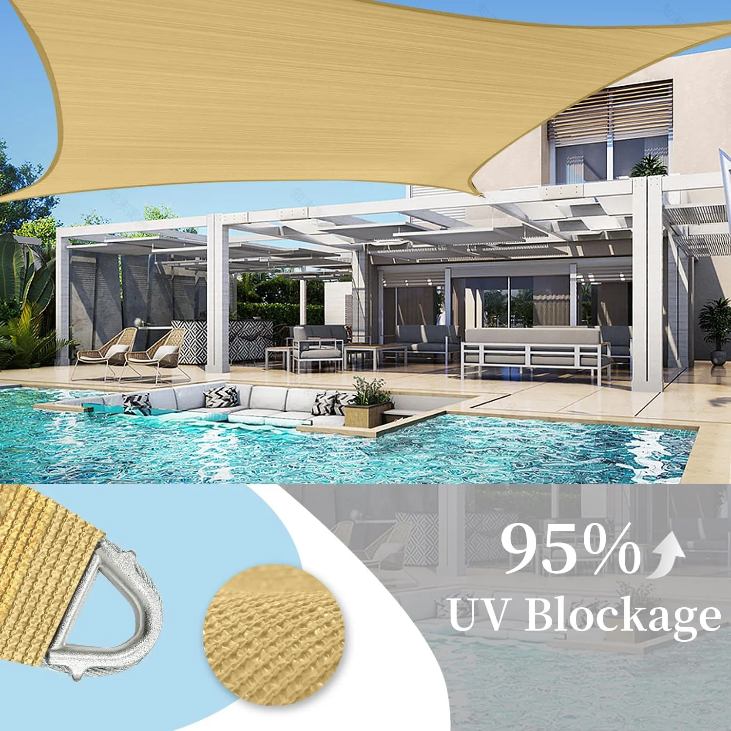 Reinforced Corners & Edges 20' x 20' Rectangle Sun Shade Sail Commercial Grade Curved Edge UV Block Canopy for Outdoor, Patio, Backyard, Garden, Pool, Deck, Heavy-Duty Design, Sand