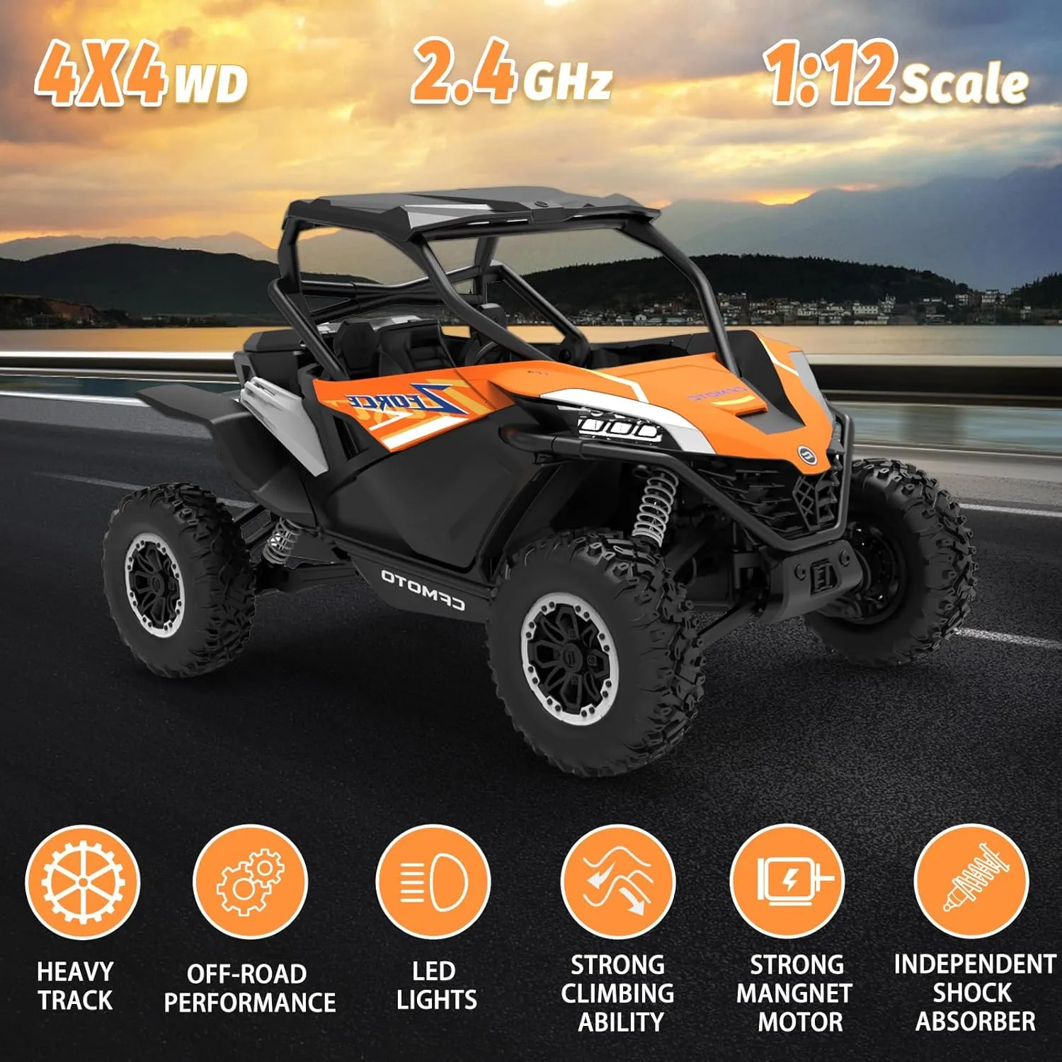 Remote Control Car All Terrain for Zforce, 4WD Off Road UTV Trucks with 3 Speed and LED Bodylight, 1:12 Scale Electric RC Crawler Vehicle Toy Gifts for Boys Girls Adults, 2 Batteries Included