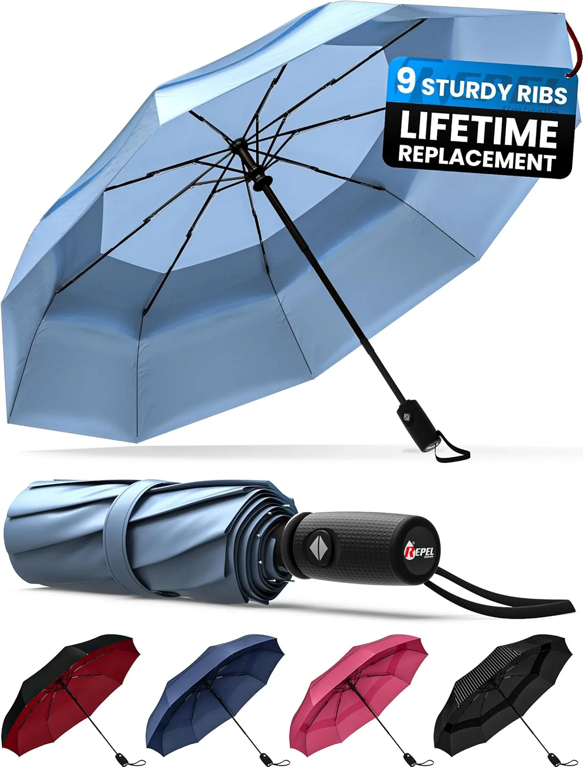 Repel Umbrella Windproof Travel Umbrellas for Rain - Easy Auto Open Close, Durable & Compact Umbrella, Strong Fiberglass Frame, Waterproof Canopy - Backpack, Purse, Portable Umbrella for Travel