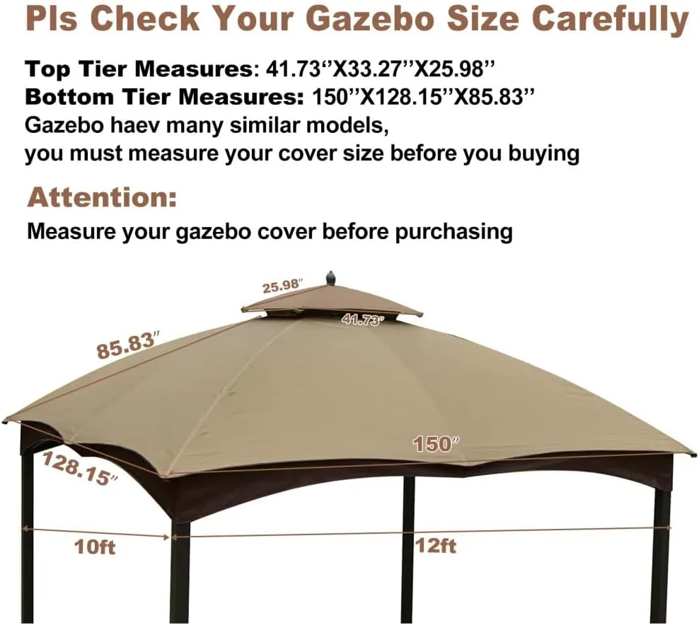 Replacement Canopy Top for Lowe's Allen Roth 10x12 Gazebo, Double Tier Gazebo Cover with UV Protection & Water-Repellent Fabric, Canopy Replacement Cover with Drain Holes, Top Only (Khaki)