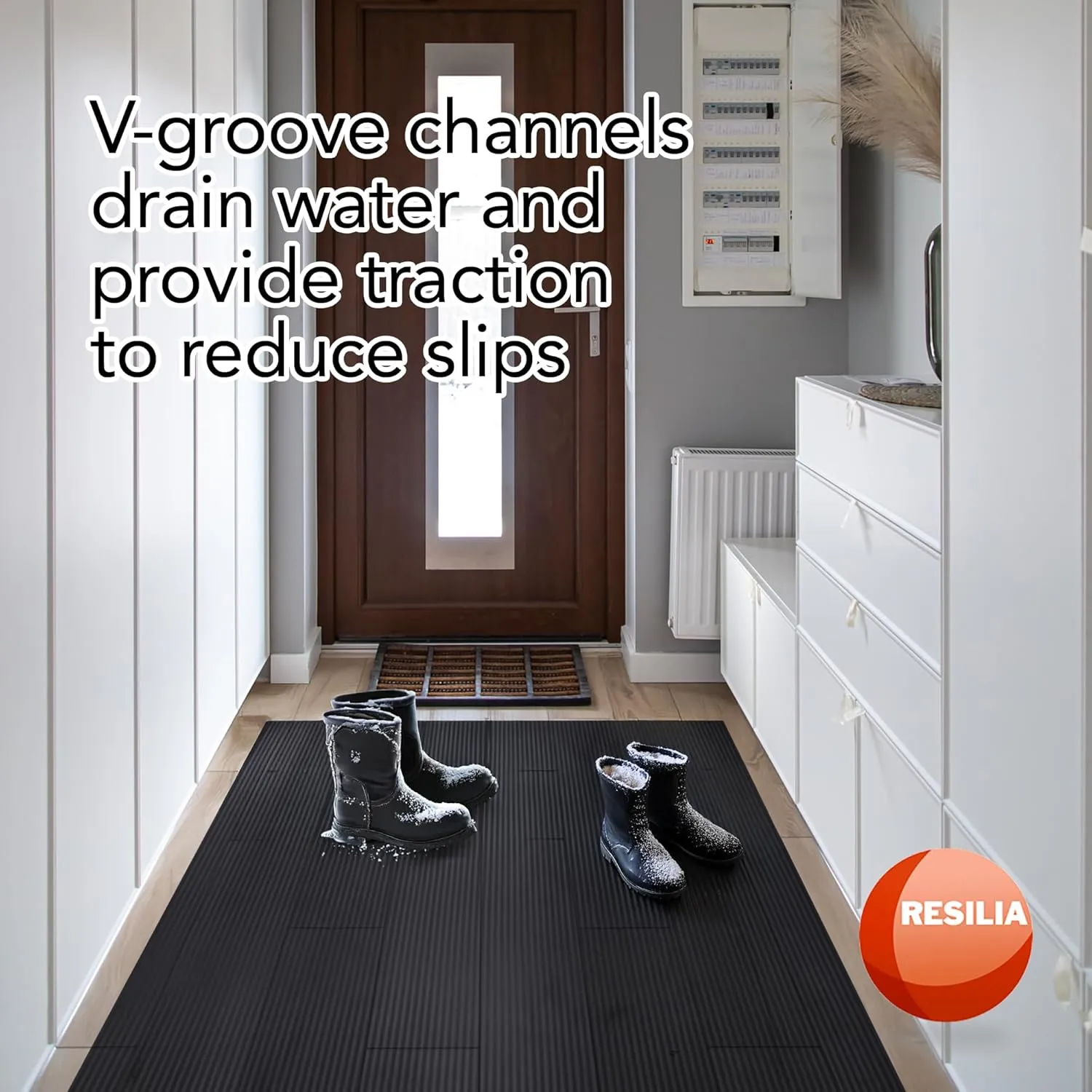 Resilia Black V-Groove Utility Runner - Waterproof Vinyl Floor/Surface Protector, Non Slip, Heavy Duty Mats for Indoor Hardwood, Hard Floors, Garage, Hallway, Entryway, Kitchen, & Outdoor, 27” x 25’