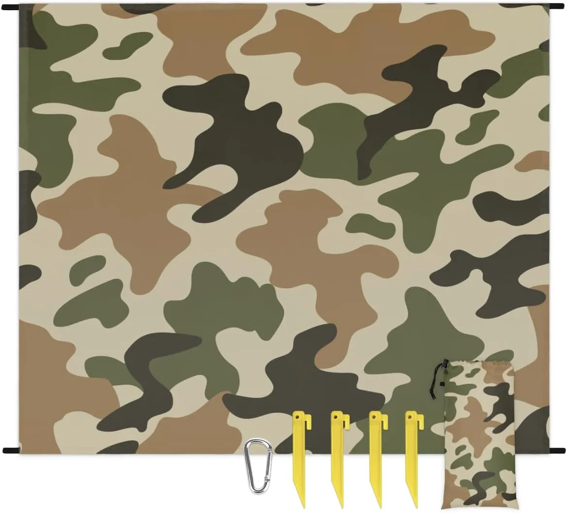 Retro Camouflage Beach Blanket with Stakes, 68X59 Inch Waterproof Lightweight Sand Free Beach Mat, Quick Drying Picnic Mat for Beach Festival,Picnic,Travel, Outdoor Camping