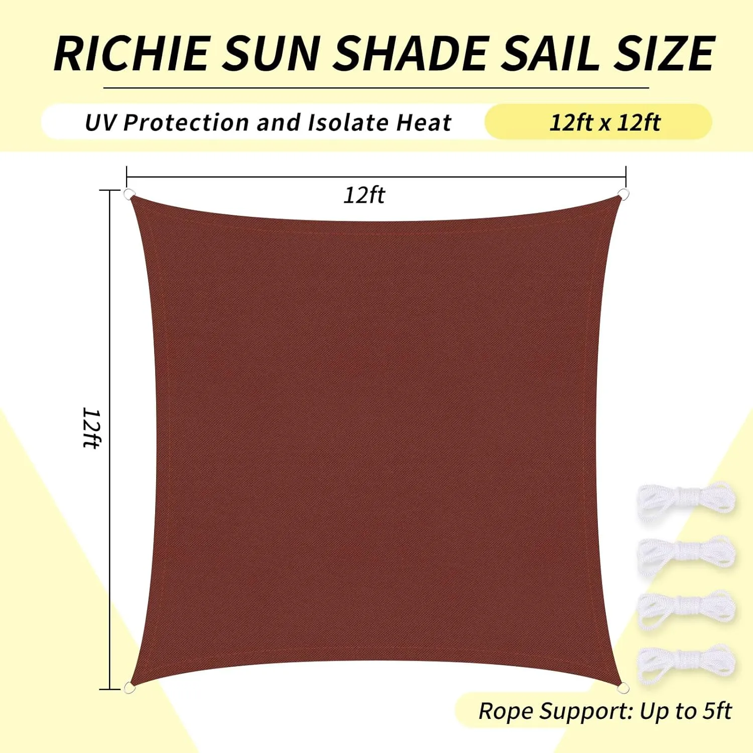 RICHIE Upgrade 12'x12' Sun Shade Sail Square Canopy, Water Resistant & UV Block Sunshade for Outdoor Patio Lawn Beach Garden Carport Backyard Deck Pergola, Rust Red