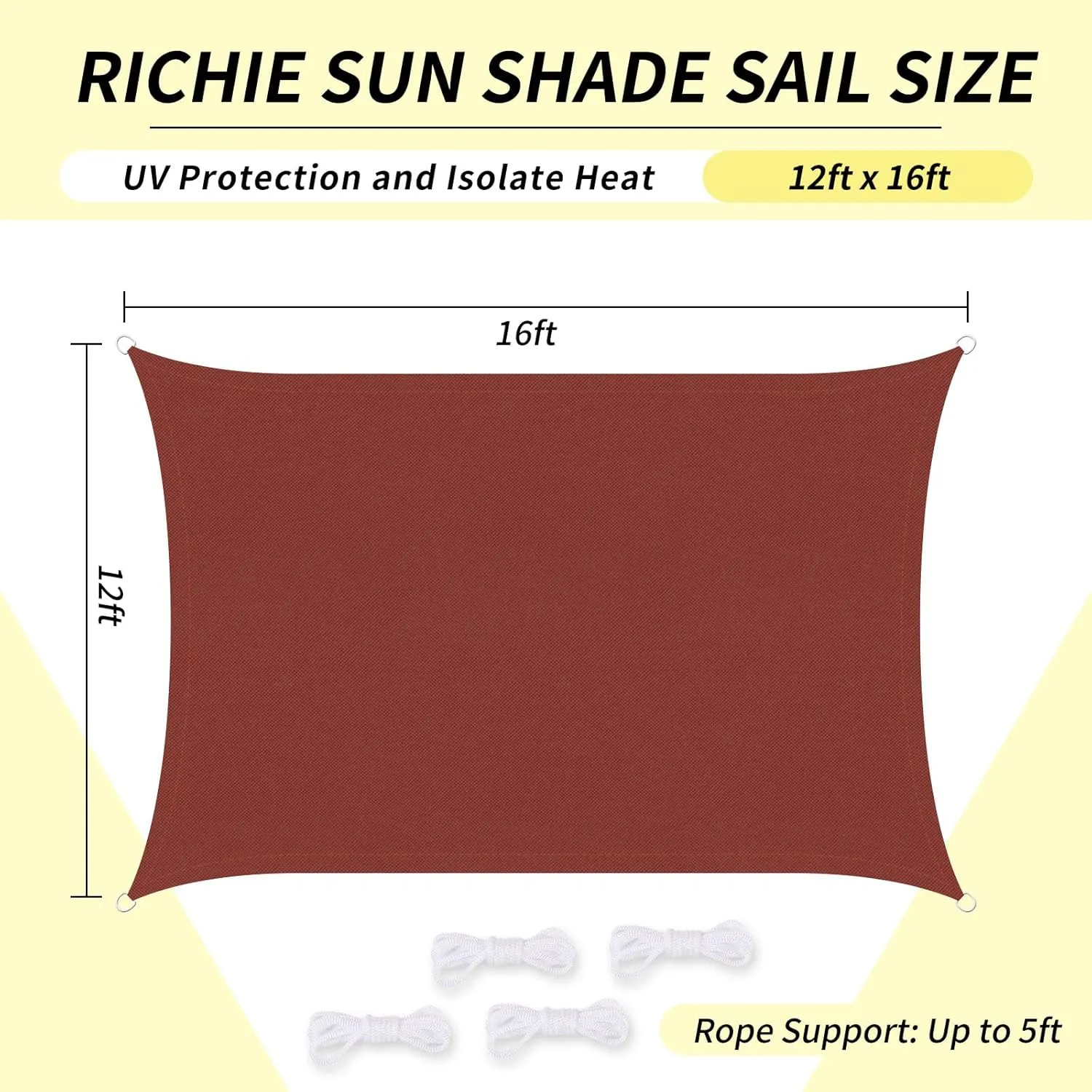 RICHIE Upgrade 12'x16' Sun Shade Sail Rectangle Canopy, Water Resistant & UV Block Sunshade for Outdoor Patio Lawn Beach Garden Carport Backyard Deck Pergola, Rust Red