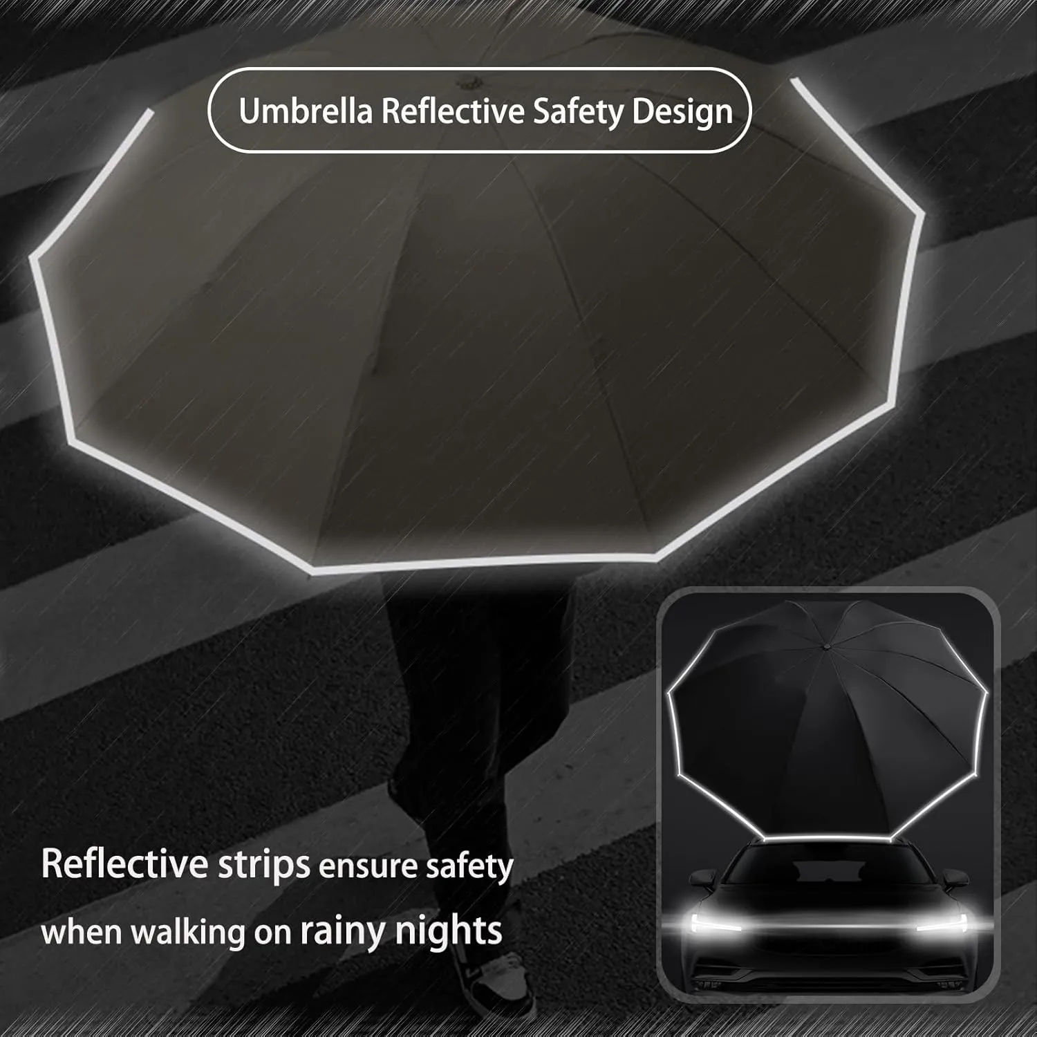 Ring Buckle Fully Automatic Umbrella, Reflective Safety Strip, Sturdy Windproof, Reverse Automatic, Travel Portable, Compact Folding (Black)