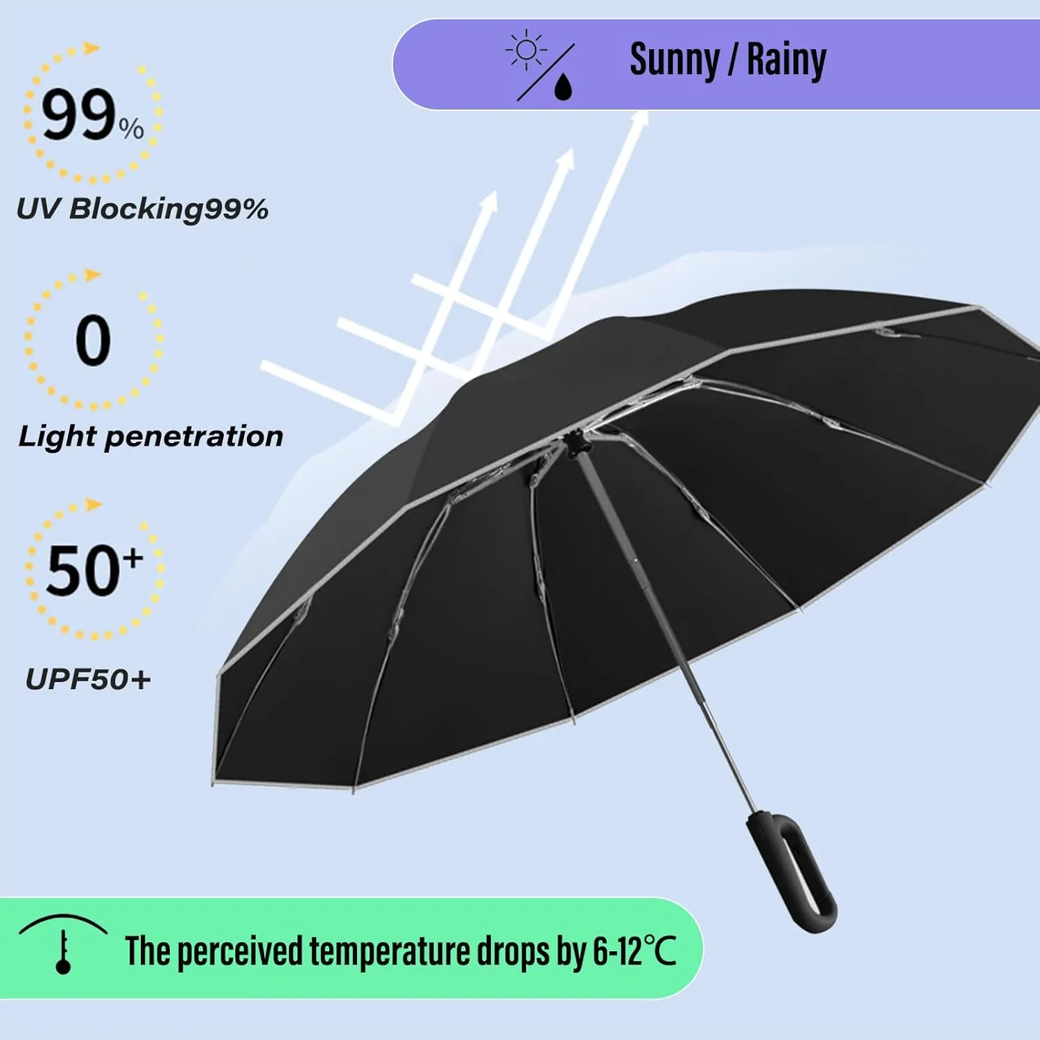 Ring Buckle Fully Automatic Umbrella, Reflective Safety Strip, Sturdy Windproof, Reverse Automatic, Travel Portable, Compact Folding (Black)