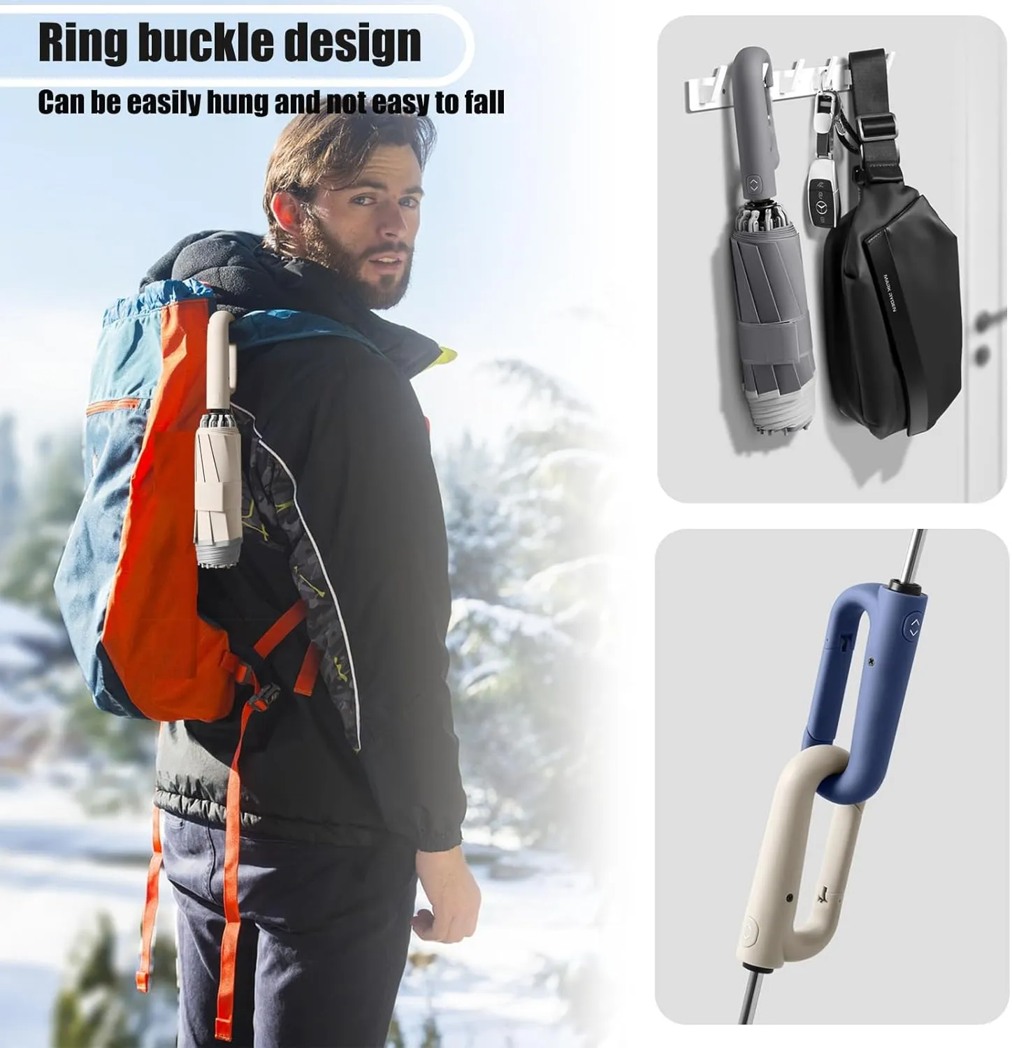 Ring Buckle Fully Automatic Umbrella, Reflective Safety Strip, Sturdy Windproof, Reverse Automatic, Travel Portable, Compact Folding (Black)