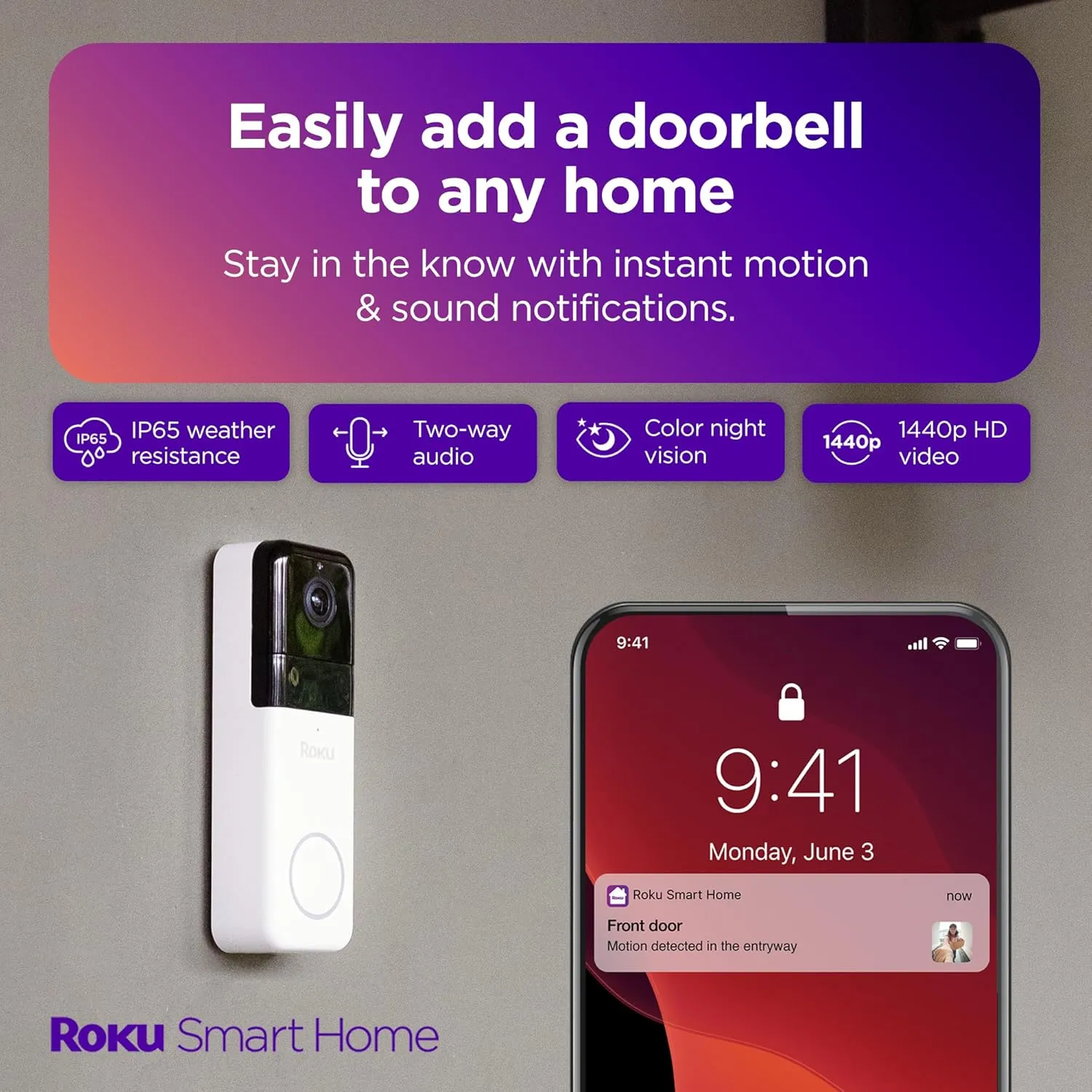 Roku Smart Home Wireless Video Doorbell & Chime - 1440p HD Night Vision Ultrawide View Doorbell Camera with Motion & Sound Detection, Works with Alexa & Google - 90-Day Subscription Included