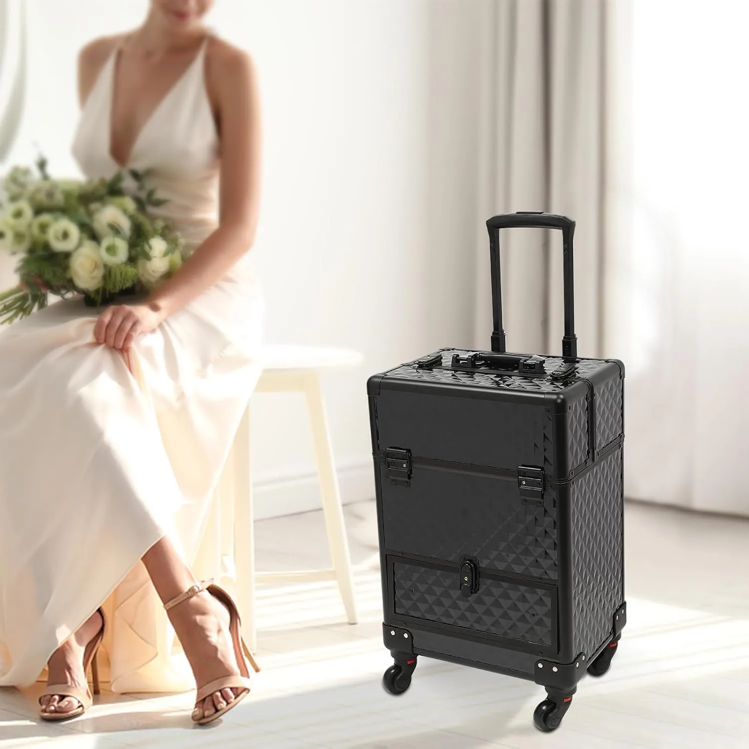 Rolling Makeup Case with Drawers, Professional Makeup Trolley Storage with Retractable 4-Layer Trays, Nail Case with Wheels, for Studio or Travelling Nail Artists Cosmetologist Stylist (Black)
