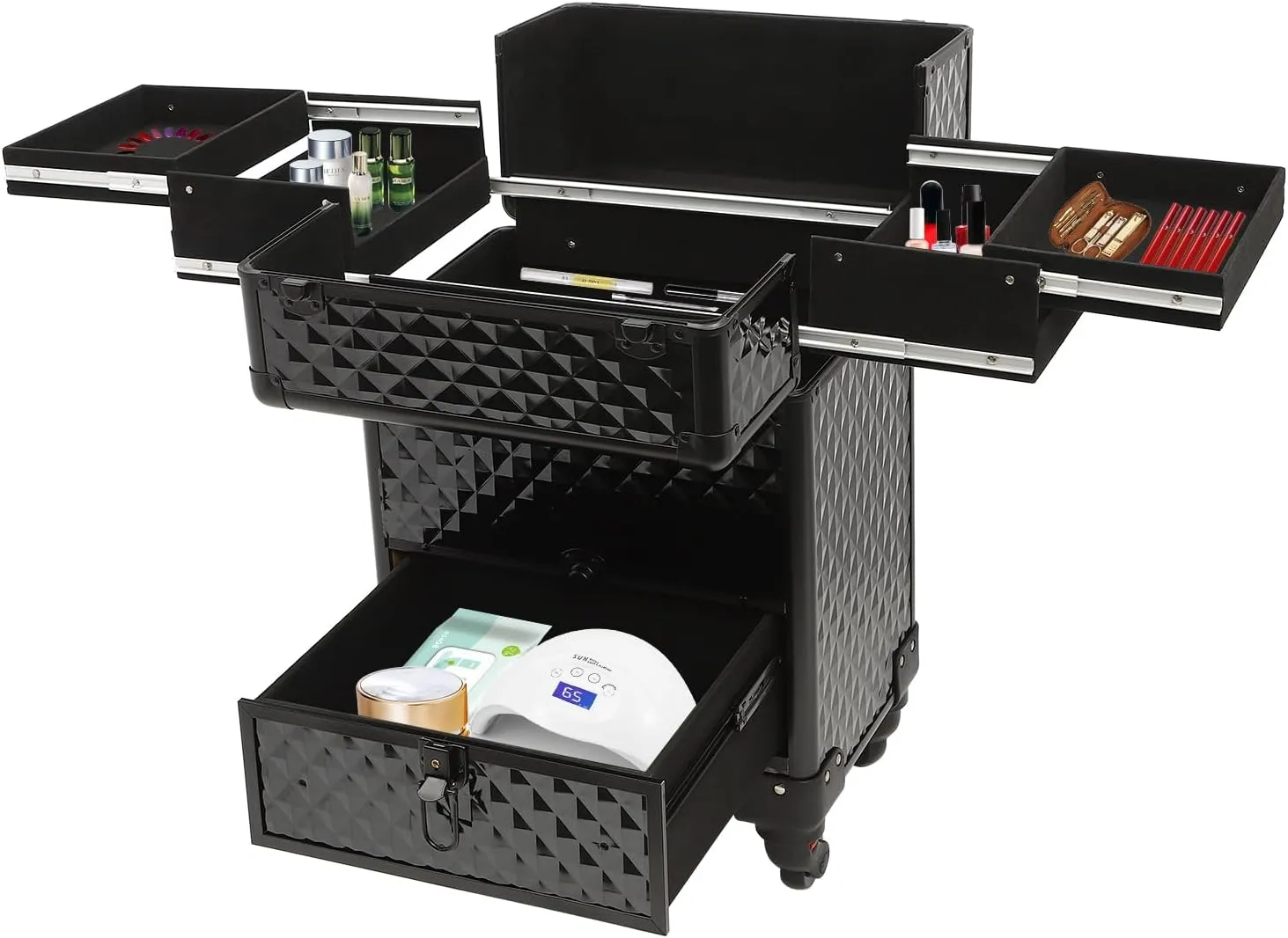 Rolling Makeup Case with Drawers, Professional Makeup Trolley Storage with Retractable 4-Layer Trays, Nail Case with Wheels, for Studio or Travelling Nail Artists Cosmetologist Stylist (Black)