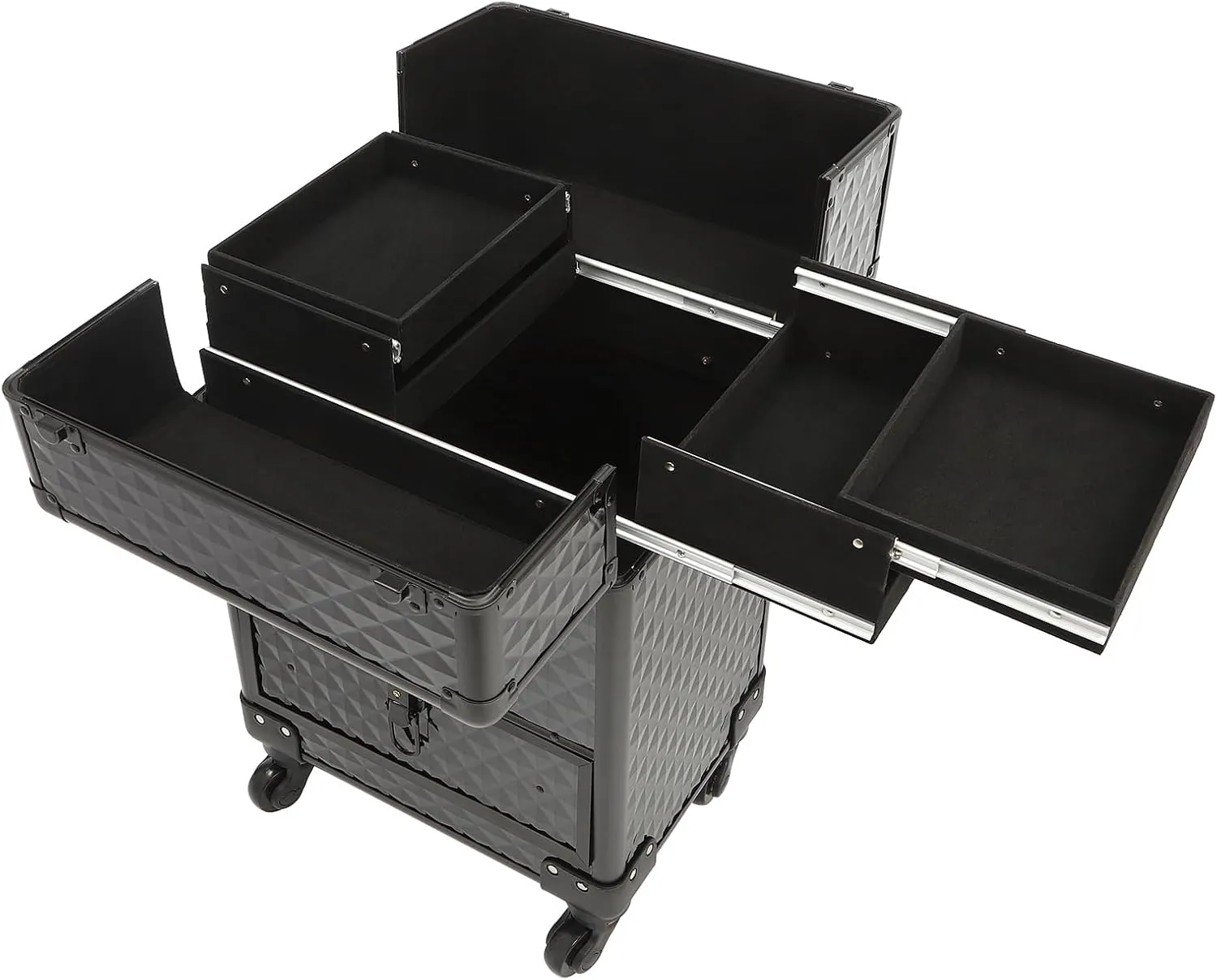 Rolling Makeup Case with Drawers, Professional Makeup Trolley Storage with Retractable 4-Layer Trays, Nail Case with Wheels, for Studio or Travelling Nail Artists Cosmetologist Stylist (Black)