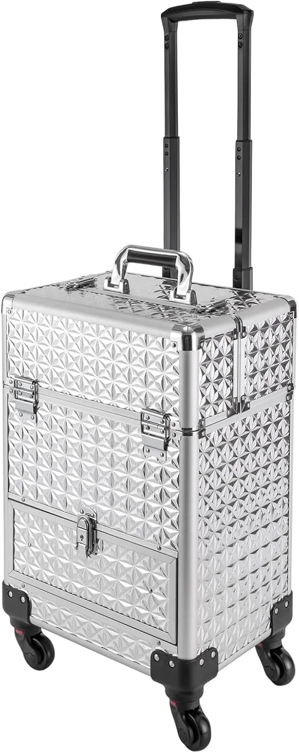 Rolling Makeup Train Case Travel Suitcase Makeup Trolley Makeup Storage Organizer Manicure Storage Beauty Organizer Large Capacity Studio Cosmetologist Stylist (Silver)