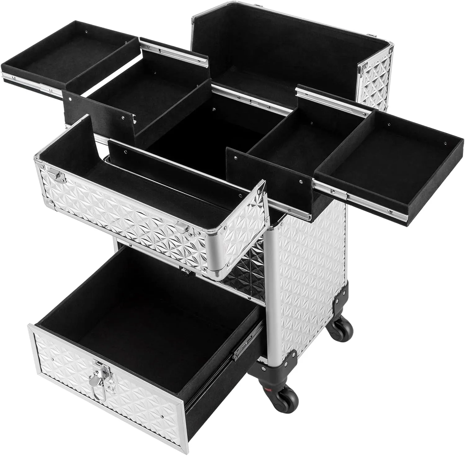 Rolling Makeup Train Case Travel Suitcase Makeup Trolley Makeup Storage Organizer Manicure Storage Beauty Organizer Large Capacity Studio Cosmetologist Stylist (Silver)