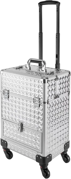 Rolling Makeup Train Case Travel Suitcase Makeup Trolley Makeup Storage Organizer Manicure Storage Beauty Organizer Large Capacity Studio Cosmetologist Stylist (Silver)