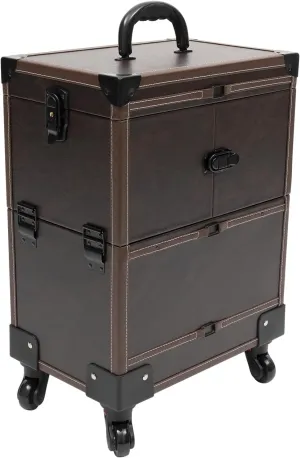 Rolling Makeup Train Case w/Mirror, Cosmetic Travel Trolley Storage, Beauty Organizer Box w/Lock, Nail Polish Organizer, Travel Cart Trunk for Make-up Artists, Coffee