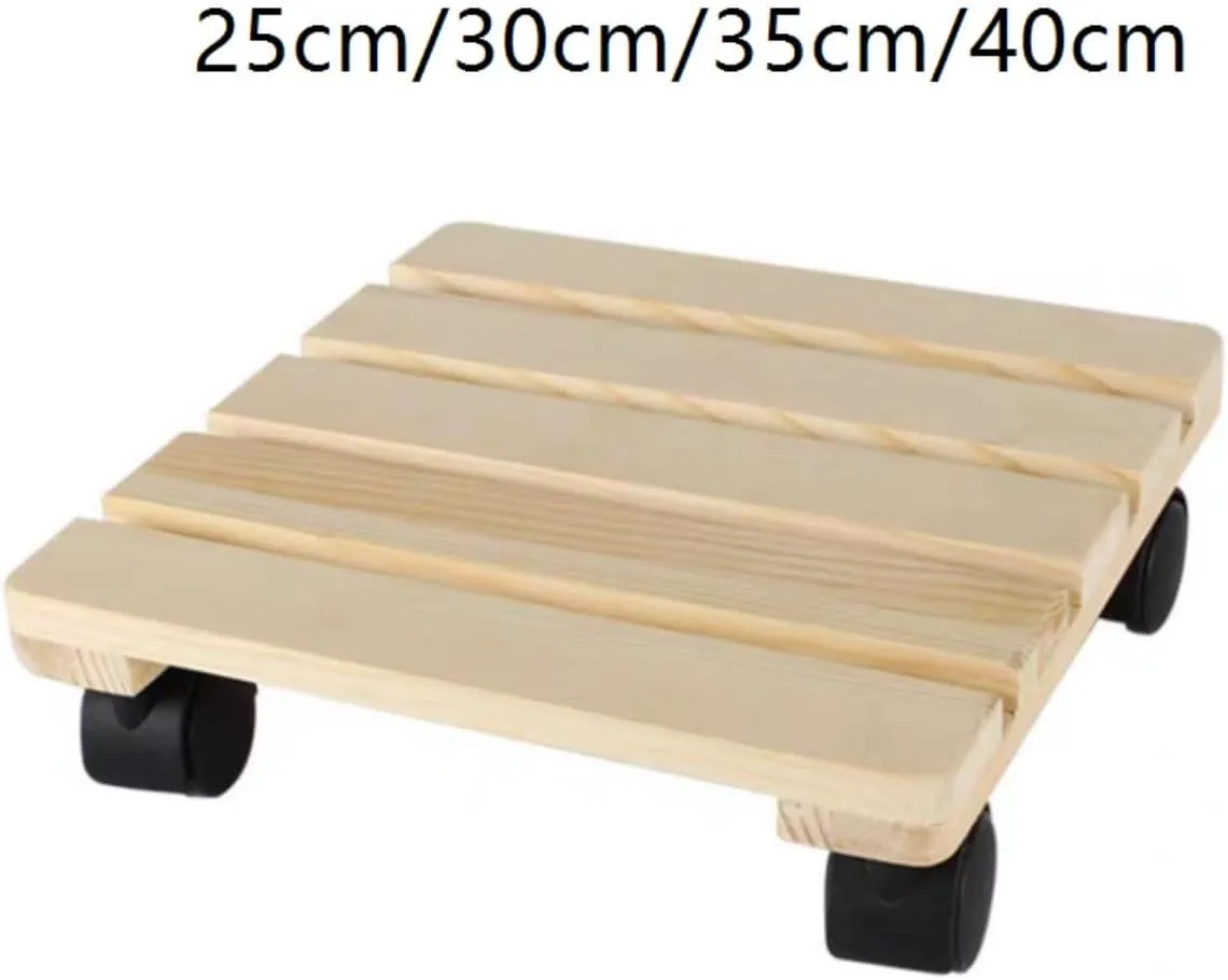 Rolling Plant Dolly Flower Pot Tray Universal Wheel Square Thick Wooden Movable Base Balcony Outdoor Open Air Shelf Plant Pot Trolley(Brown,25cm)