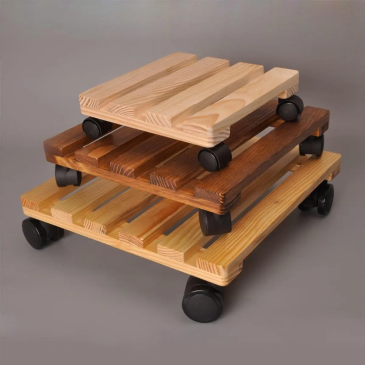 Rolling Plant Dolly Flower Pot Tray Universal Wheel Square Thick Wooden Movable Base Balcony Outdoor Open Air Shelf Plant Pot Trolley(Brown,25cm)