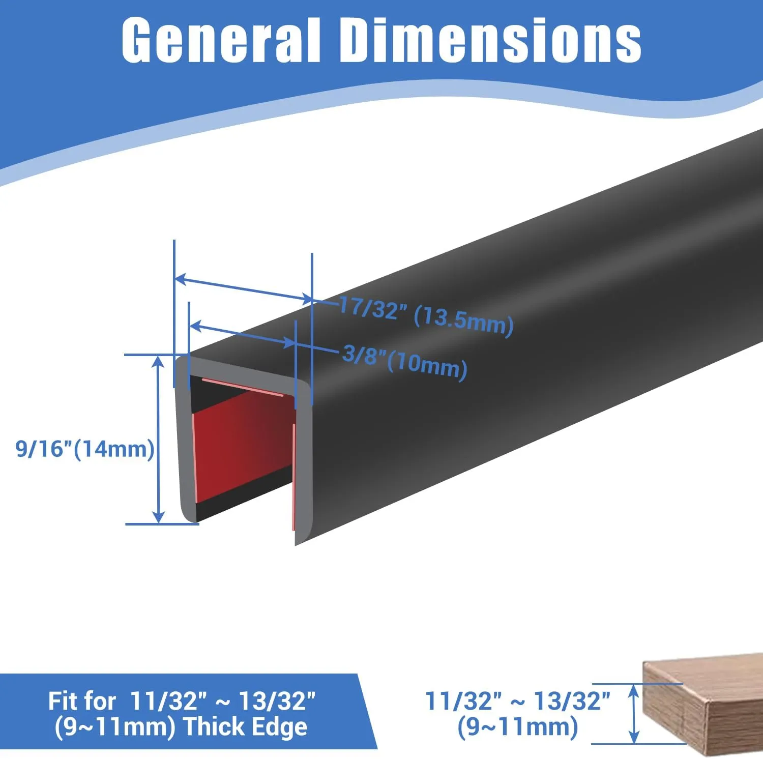 Rubber Edge Trim, Self-Adhesive U Channel Edge Protector for Plywood, Cabinet, 3/8" Wood Edge Banding, Flexible Furniture Repair, EPDM Material, Fit 3/8"(10mm), Length 20Ft, Black Color