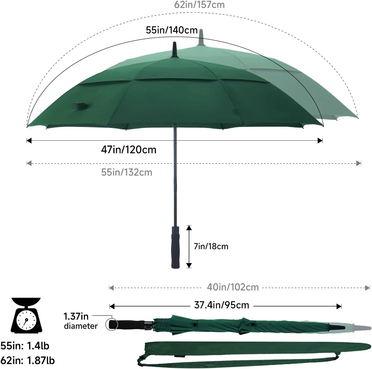 RUMBRELLA 55/62 Inch UV Golf Umbrella Large Oversize Double Canopy Vented Windproof Auto Open Stick Umbrella