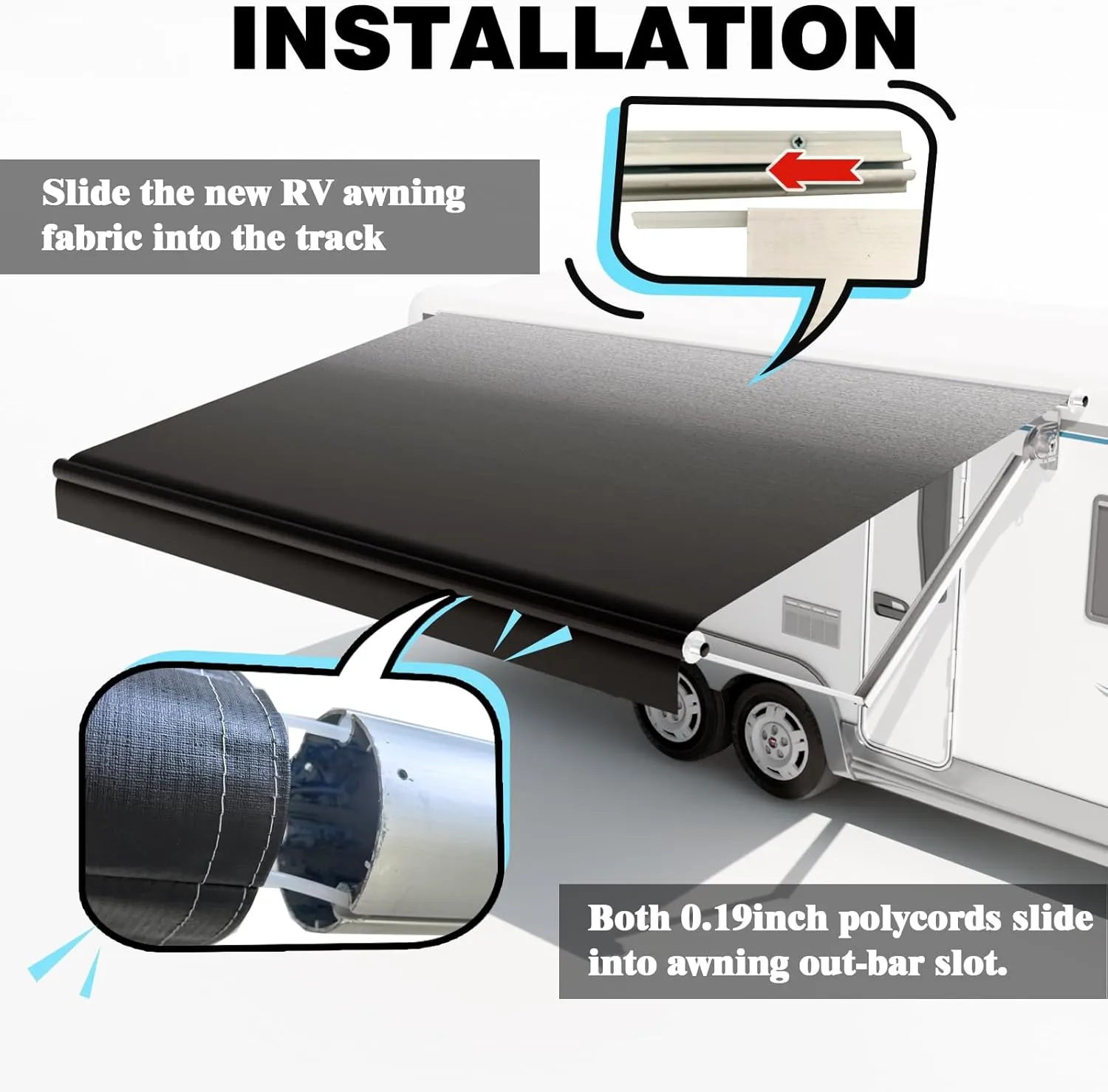 RV Awning Fabric Replacement,Camper Trailer Motorized Awning Replacement for Motorhome,Heavy Duty Weatherproof 18.5oz Outdoor Vinyl RV Canopy 11'(Fabric 10'2") Black Fade