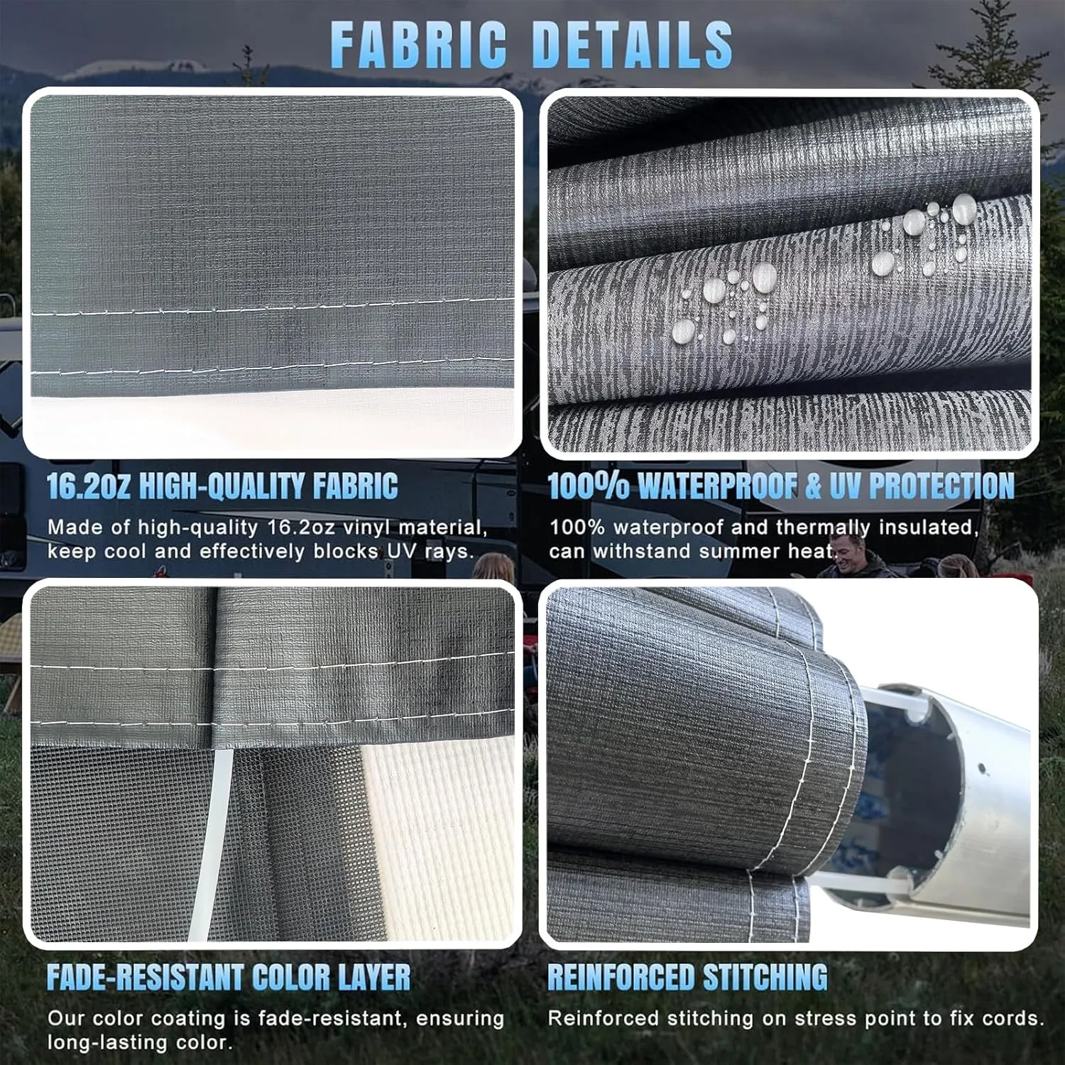 RV Awning Fabric Replacement,Camper Trailer Motorized Awning Replacement for Motorhome,Heavy Duty Weatherproof 18.5oz Outdoor Vinyl RV Canopy 11'(Fabric 10'2") Black Fade