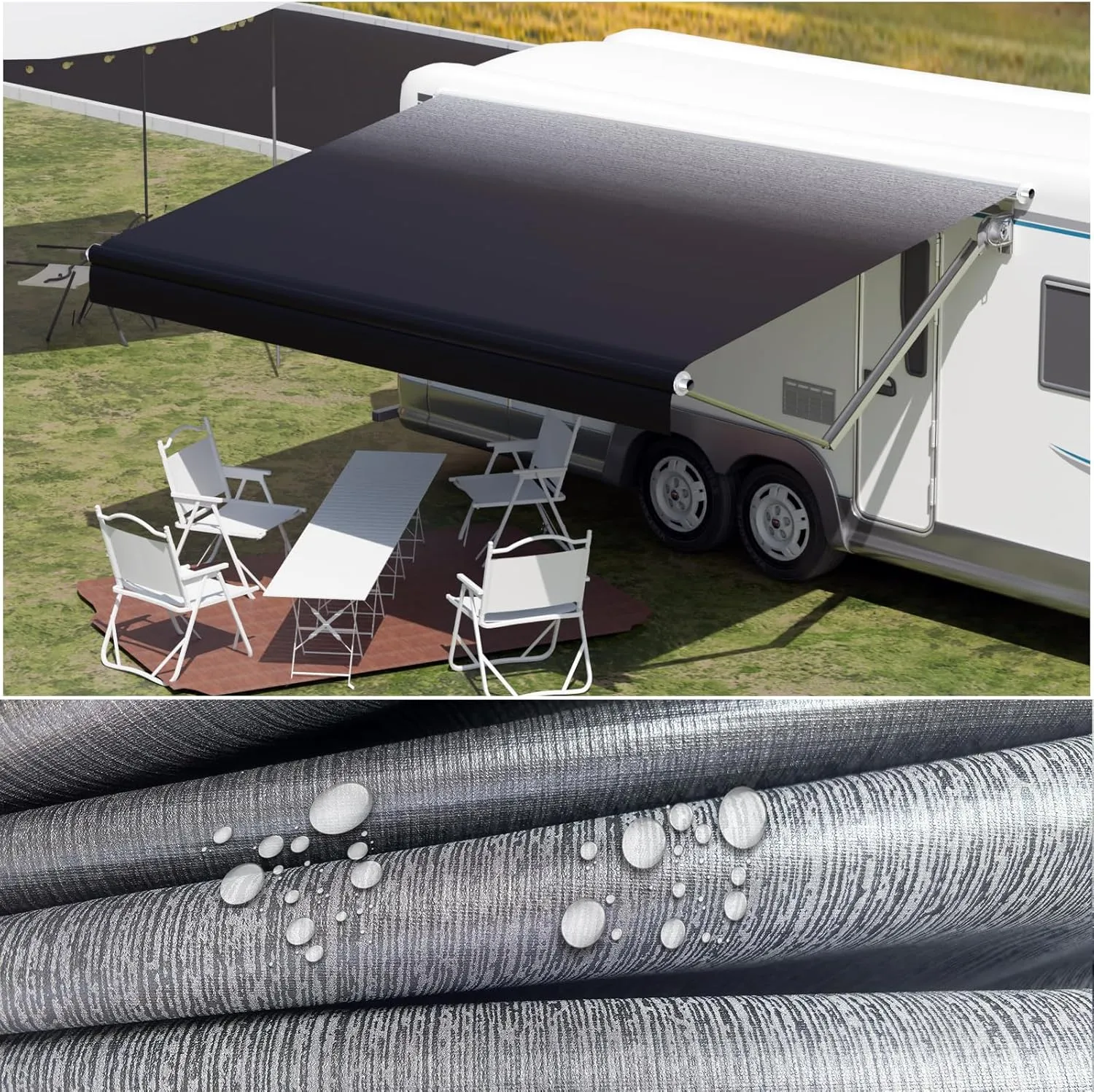 RV Awning Fabric Replacement,Camper Trailer Motorized Awning Replacement for Motorhome,Heavy Duty Weatherproof 18.5oz Outdoor Vinyl RV Canopy 11'(Fabric 10'2") Black Fade