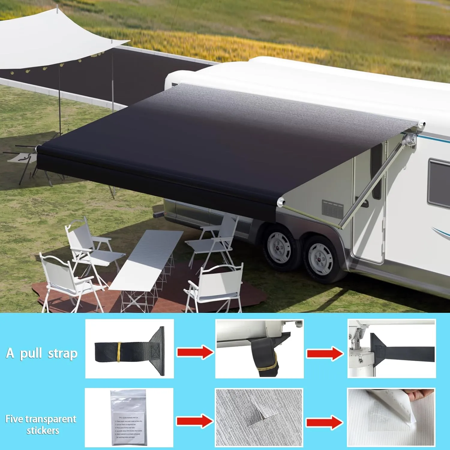 RV Awning Fabric Replacement,Camper Trailer Motorized Awning Replacement for Motorhome,Heavy Duty Weatherproof 18.5oz Outdoor Vinyl RV Canopy 11'(Fabric 10'2") Black Fade