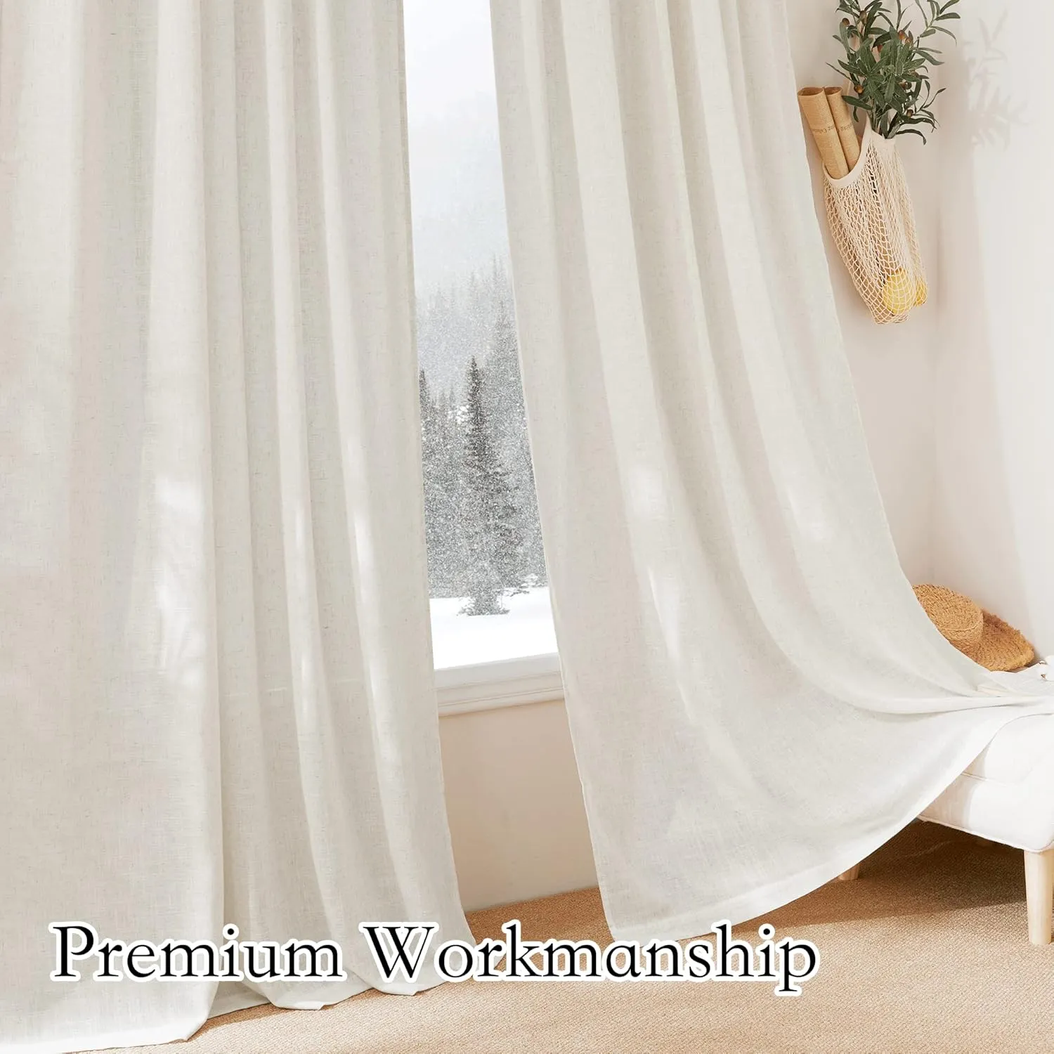RYB HOME Linen Sheer Curtains 84 inches Long, Semi Sheer Curtains for Living Room Bedroom Privacy Soften Sunlight Drapes for Farmhouse Cafe, W 52 x L 84, Linen, 2 Panels