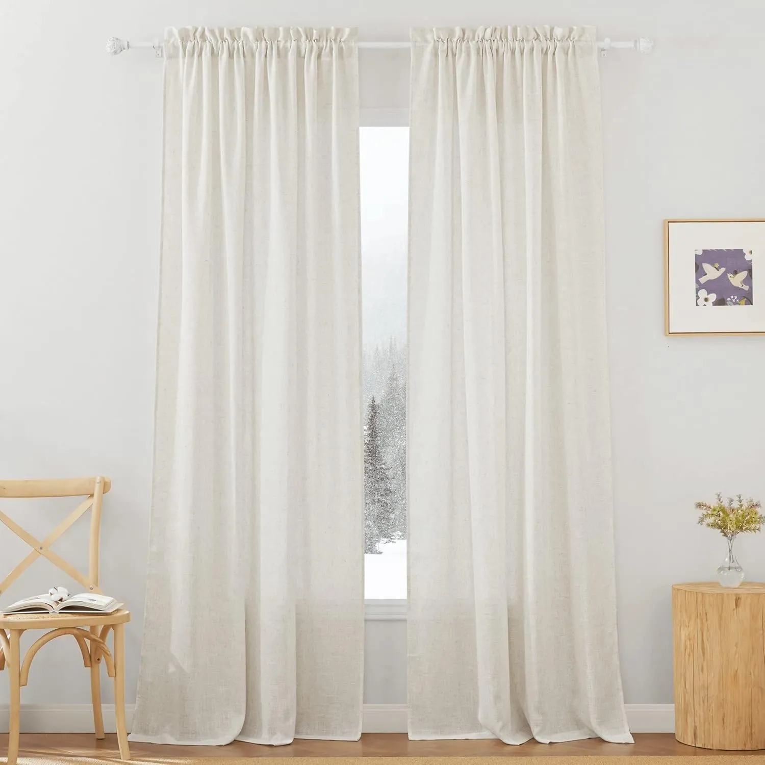 RYB HOME Linen Sheer Curtains 84 inches Long, Semi Sheer Curtains for Living Room Bedroom Privacy Soften Sunlight Drapes for Farmhouse Cafe, W 52 x L 84, Linen, 2 Panels