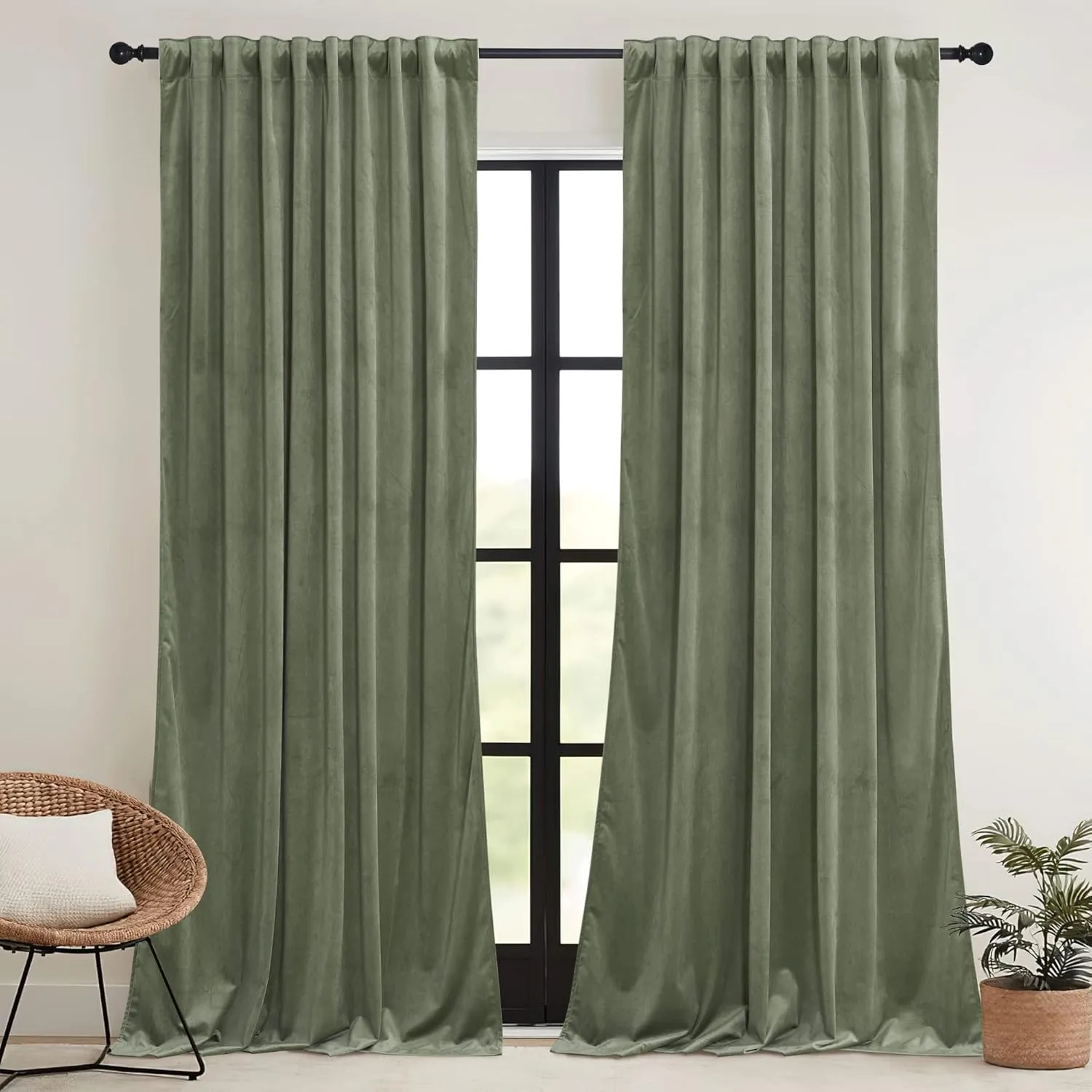 RYB HOME Sage Green Velvet Curtains 84 inches, Room Darkening Super Soft Velvet Drapes with Pleat Tape for Living Room, Thermal Insulated Window Treatment for Bedroom, W52 x L84 inch, 2 Panels