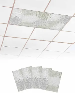 Sage Green Gray Flower Fluorescent Light Covers for Ceiling Lights 4x2 feet,4 Pack Magnetic Light Filters for Classroom,Chrysanthemum Botanical Floral Fluorescent Lights Shade Panel for Office School