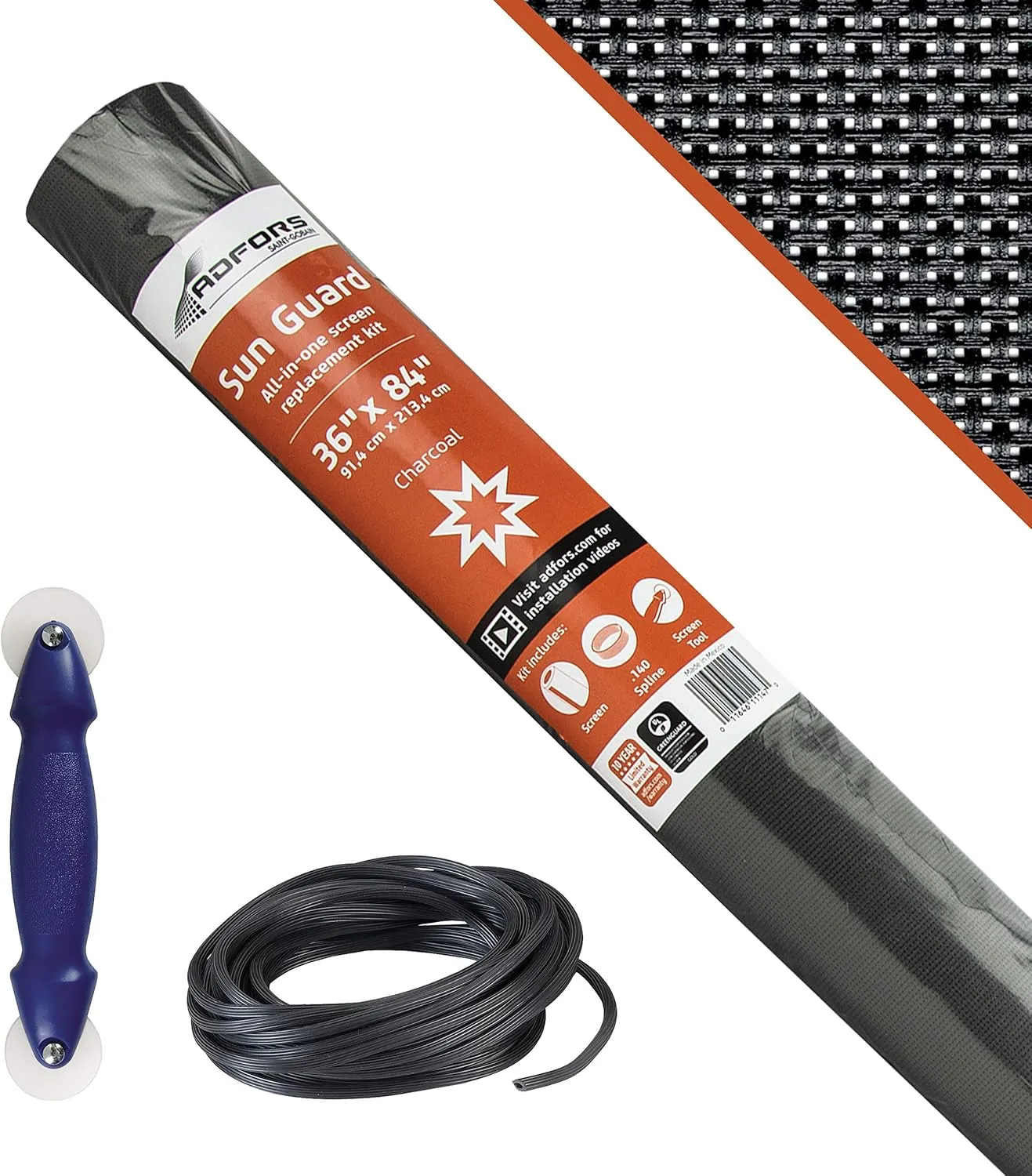 Saint-Gobain ADFORS Charcoal Sun Guard Screen Repair Kit, 36 Inches x 84 Inches - Blocks up to 75% of the Sun’s Rays, DIY Window & Door Mesh Repair, Durable, Comes with Spline Tool & Spline